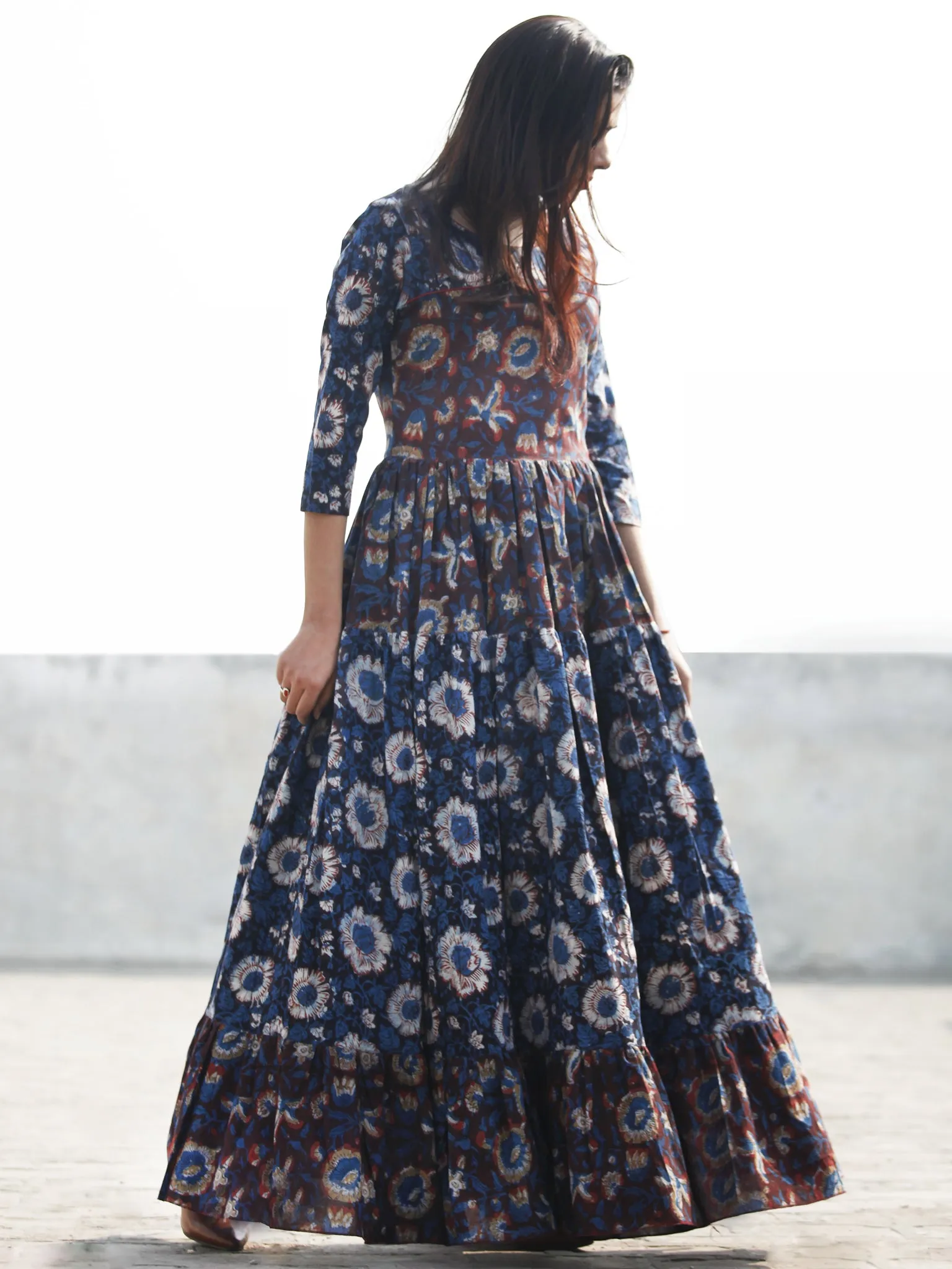 Indigo Brown Rust Long Hand Block Printed Cotton Tier Dress With Pintucks  - D180F613