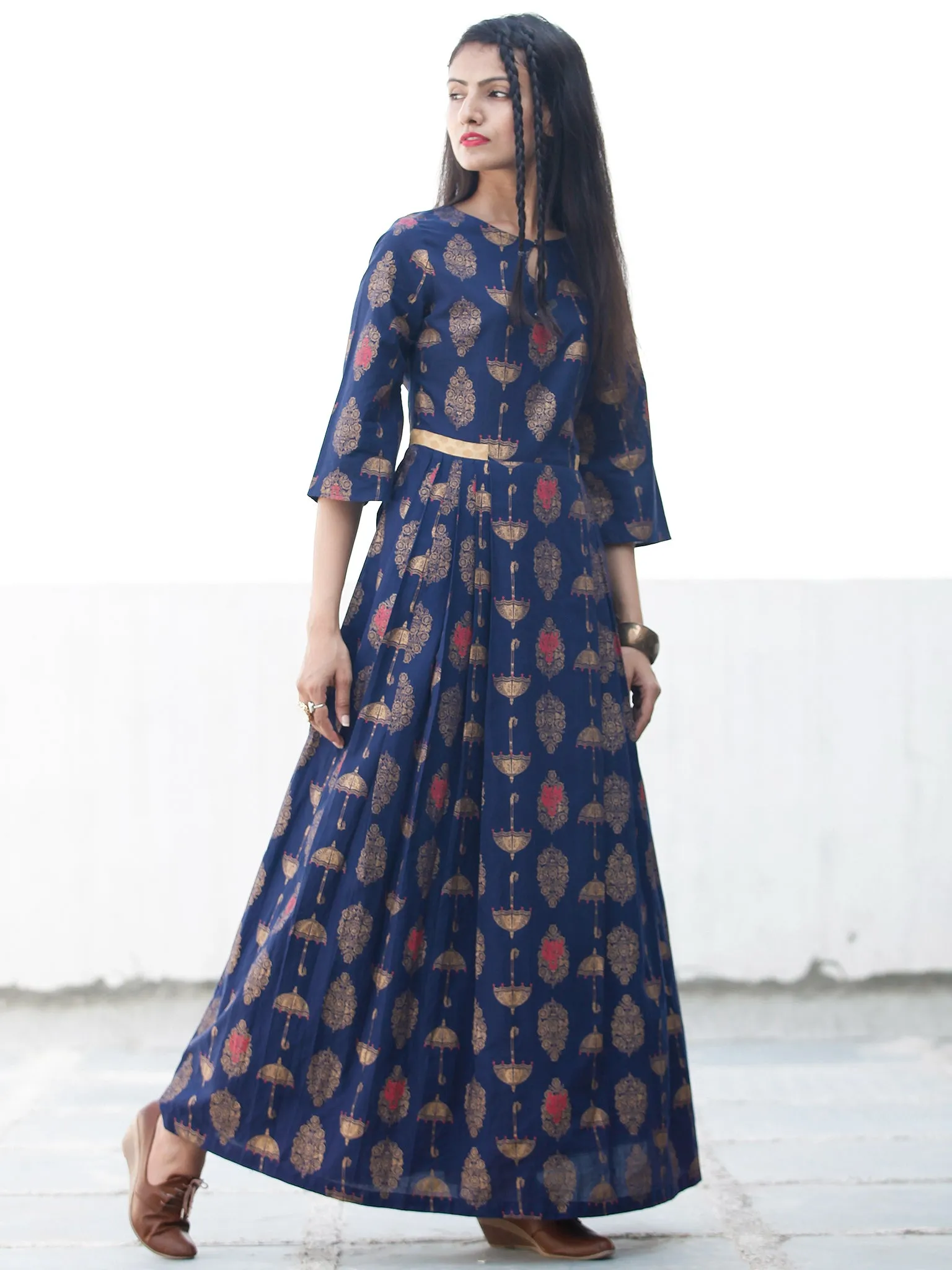 Indigo Gold - Hand Block Printed Cotton Long Dress  - D337FYYY