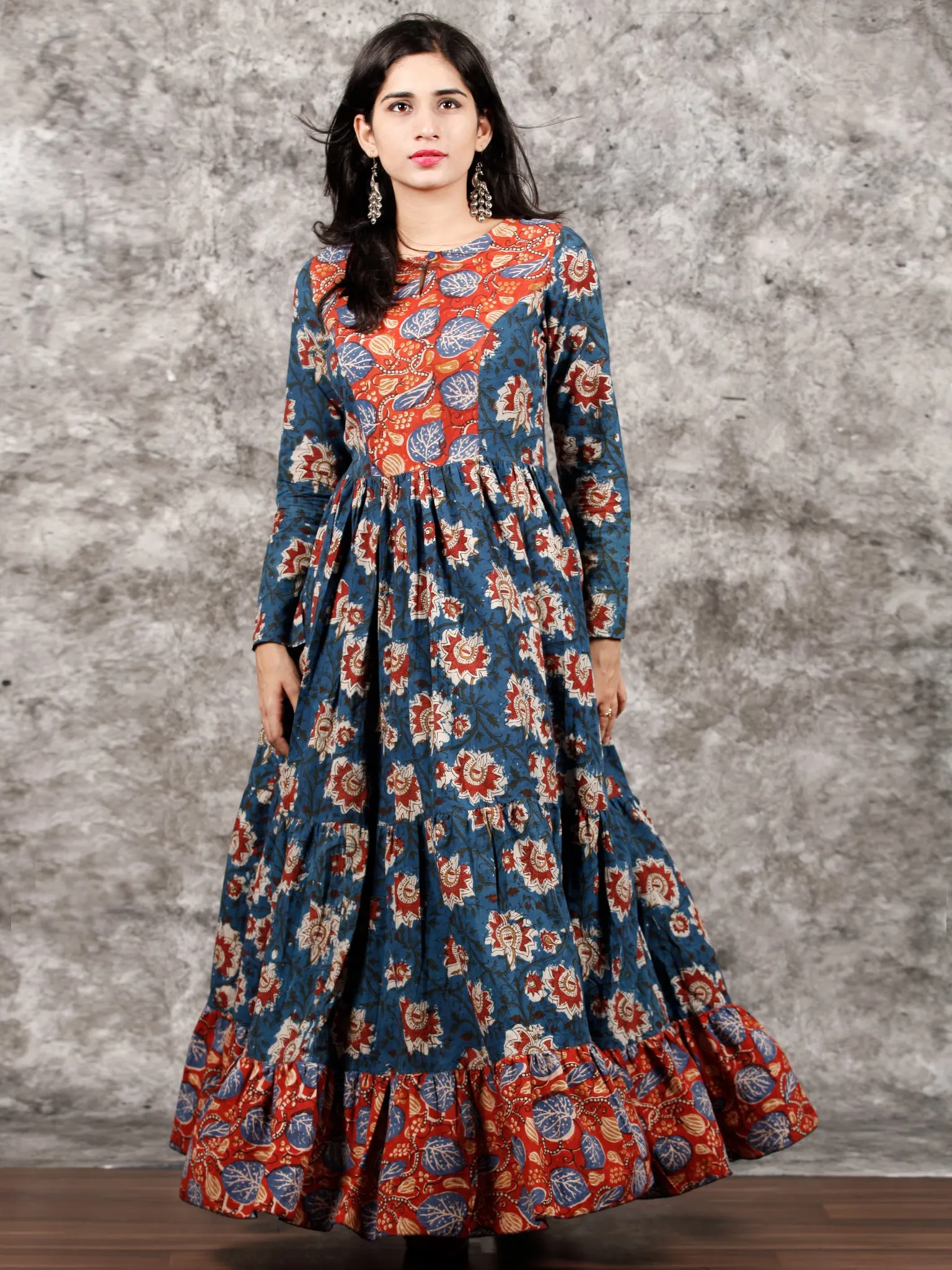 Indigo Rust Ivory Red Long Hand Block Printed Cotton Tier Dress - D139F1312