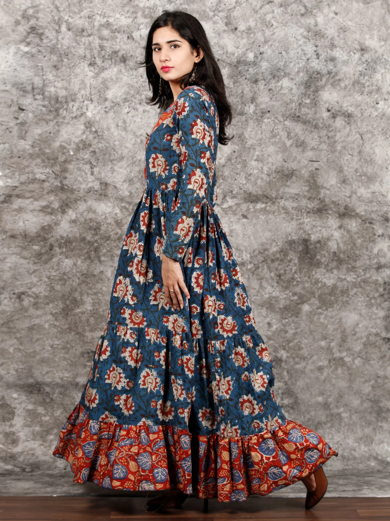 Indigo Rust Ivory Red Long Hand Block Printed Cotton Tier Dress - D139F1312