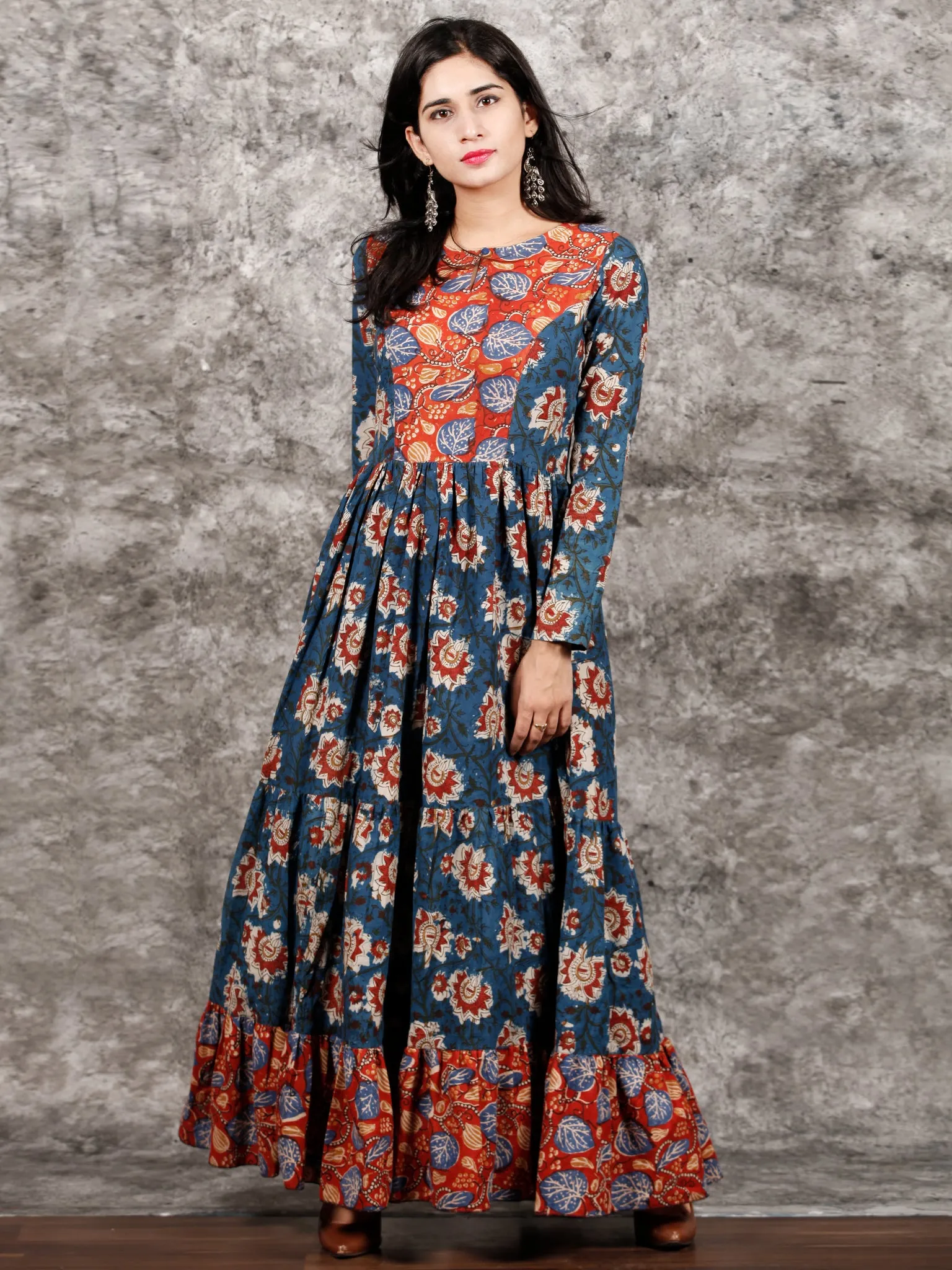 Indigo Rust Ivory Red Long Hand Block Printed Cotton Tier Dress - D139F1312