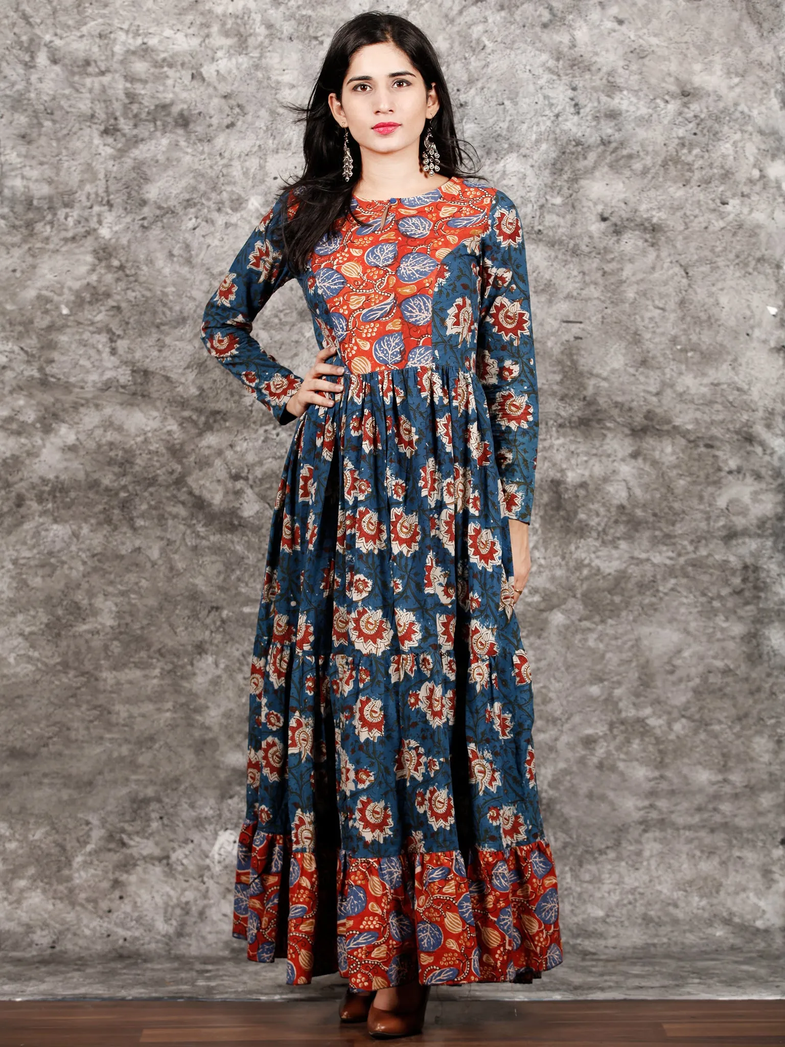 Indigo Rust Ivory Red Long Hand Block Printed Cotton Tier Dress - D139F1312