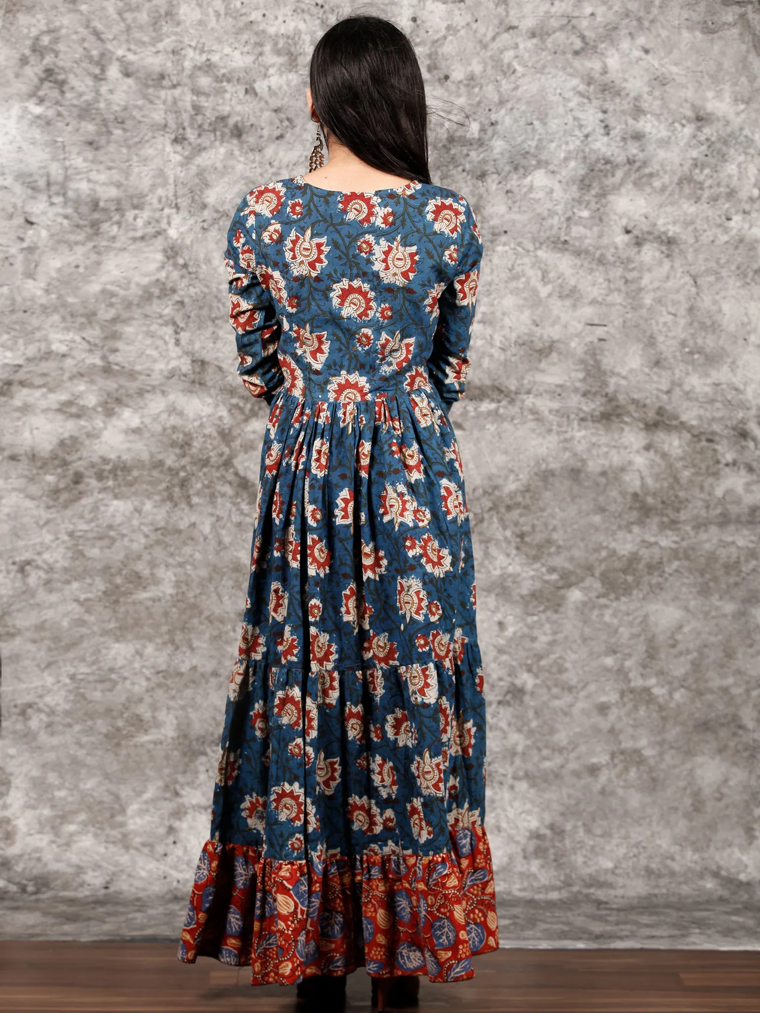 Indigo Rust Ivory Red Long Hand Block Printed Cotton Tier Dress - D139F1312