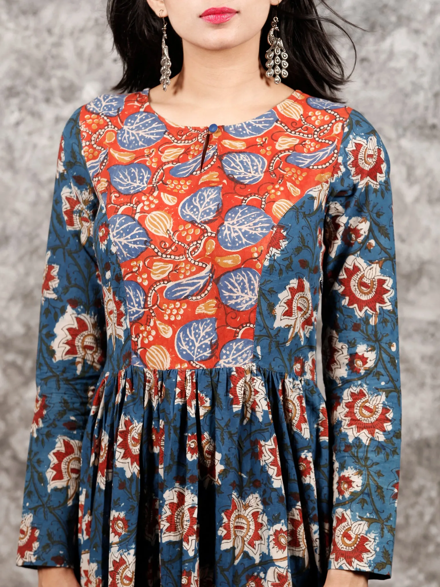 Indigo Rust Ivory Red Long Hand Block Printed Cotton Tier Dress - D139F1312