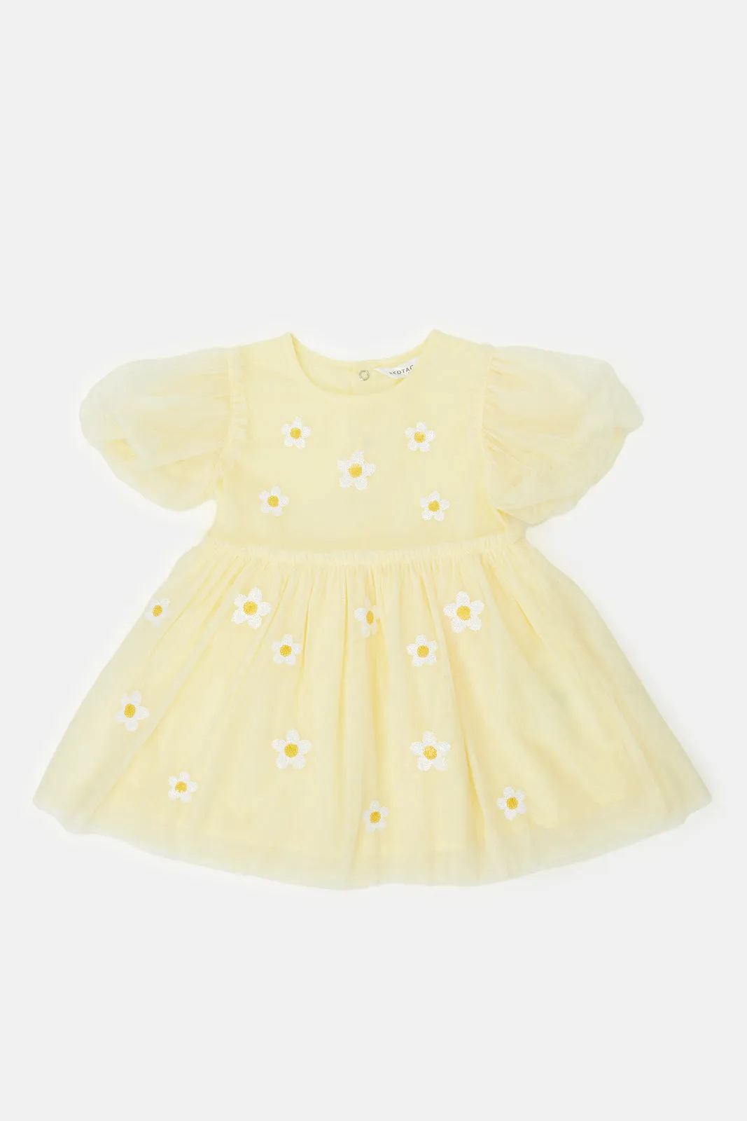 Infant Girls Yellow Embellished Puff Sleeves Dress