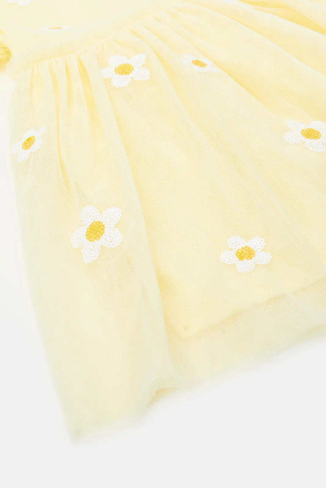 Infant Girls Yellow Embellished Puff Sleeves Dress