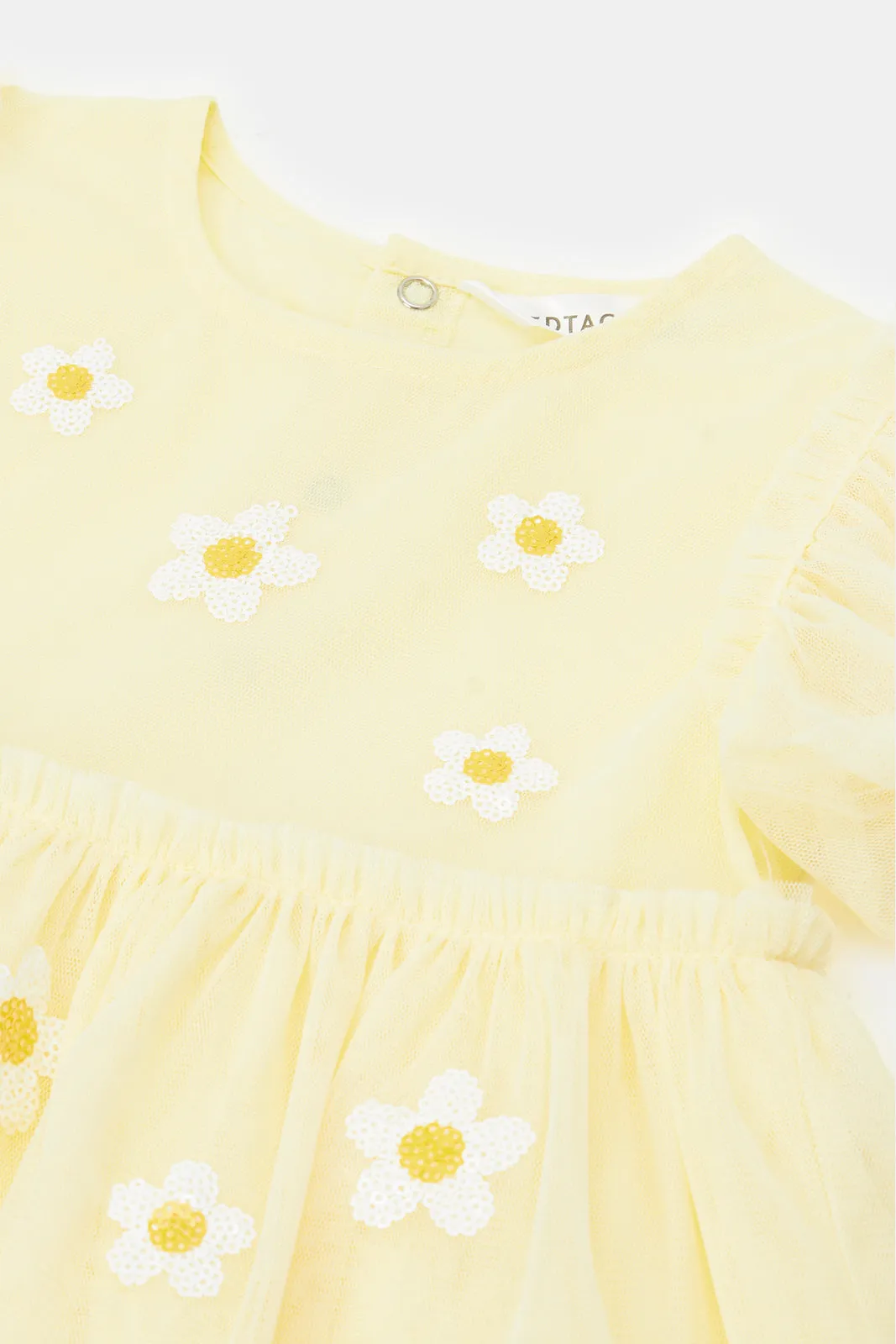 Infant Girls Yellow Embellished Puff Sleeves Dress