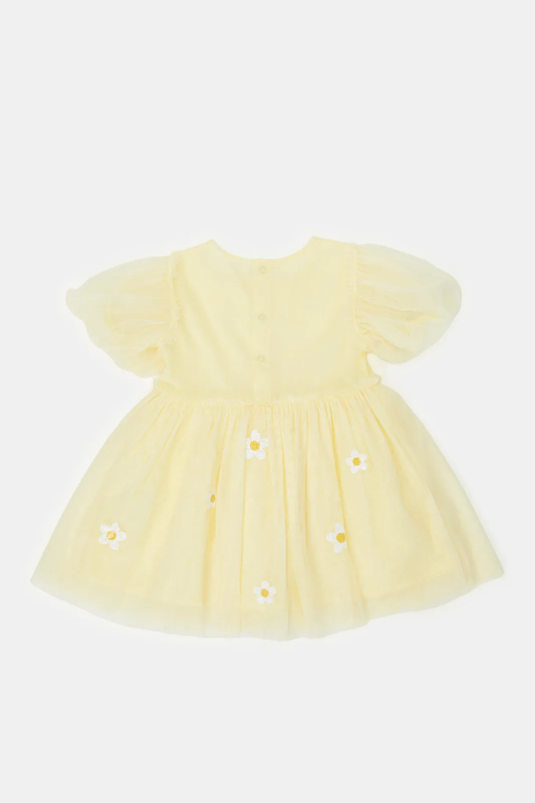 Infant Girls Yellow Embellished Puff Sleeves Dress