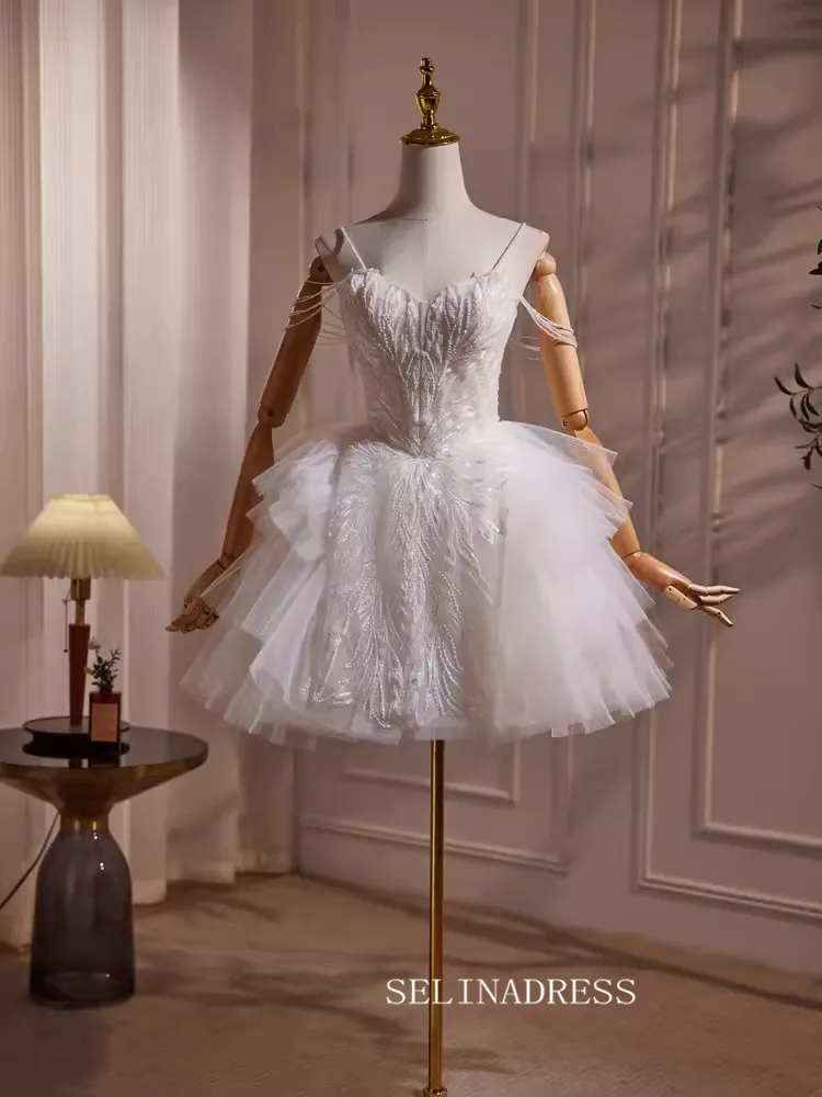 Ivory Beaded Lace Homecoming Dresses Spaghetti Strap Tiered Short Prom Dress #SEW1262