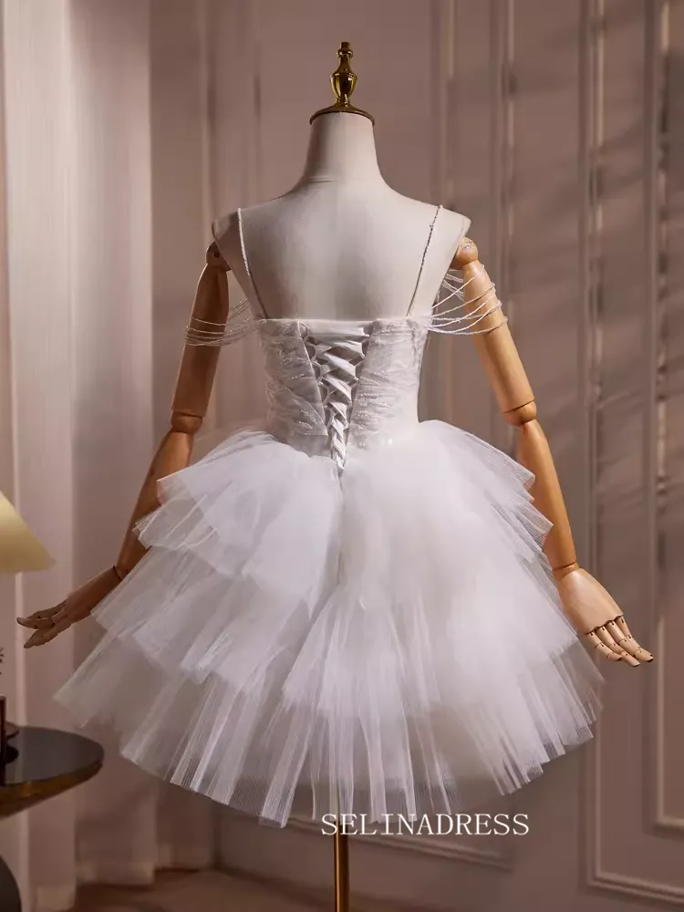 Ivory Beaded Lace Homecoming Dresses Spaghetti Strap Tiered Short Prom Dress #SEW1262