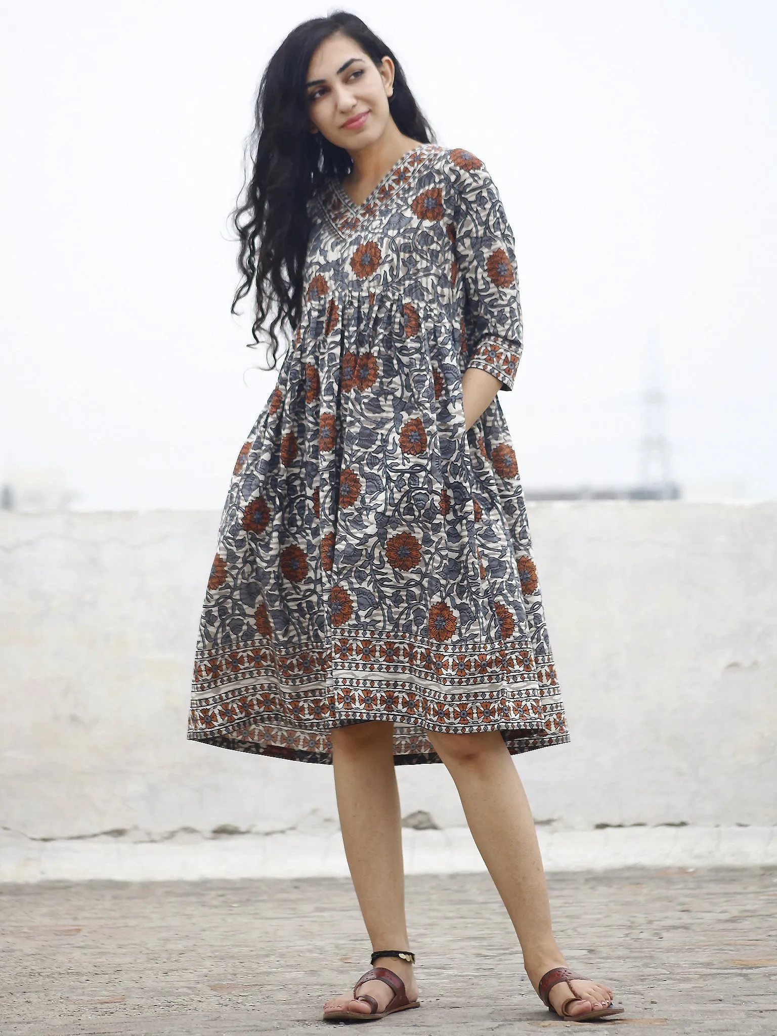 Ivory Grey Rust Beige Black Hand Block Printed Cotton Dress With Gathers And Side Pockets  - D73F599