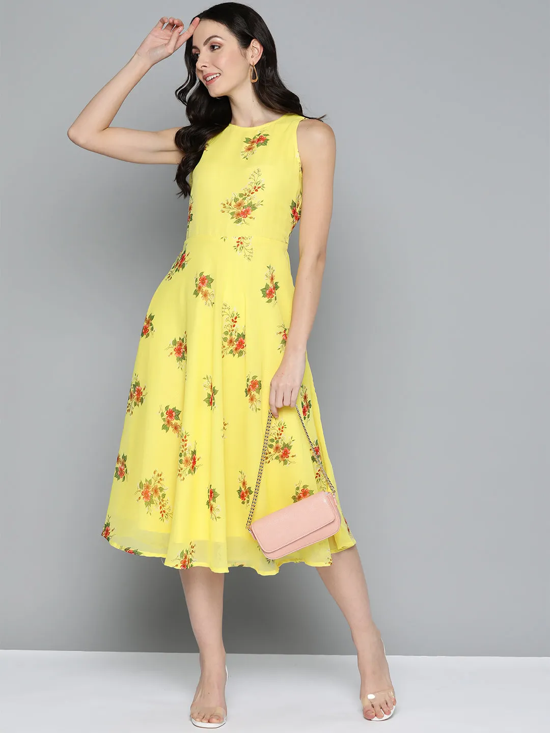 Jashvi Floral Print Georgette A-Line Midi Dress