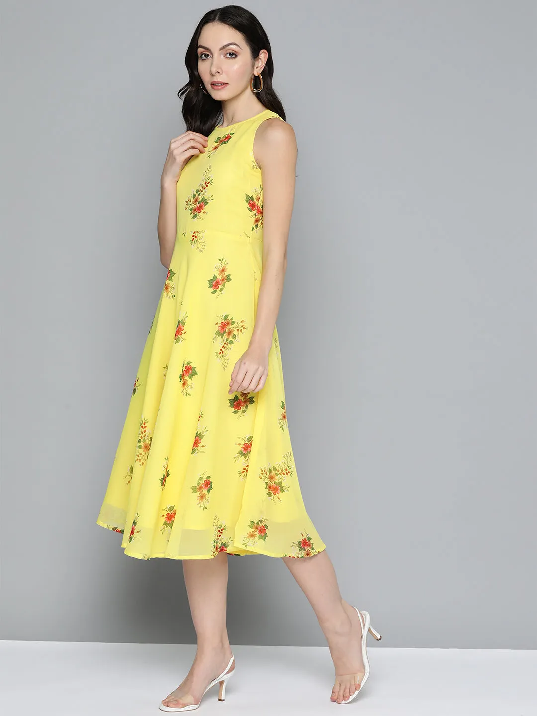 Jashvi Floral Print Georgette A-Line Midi Dress