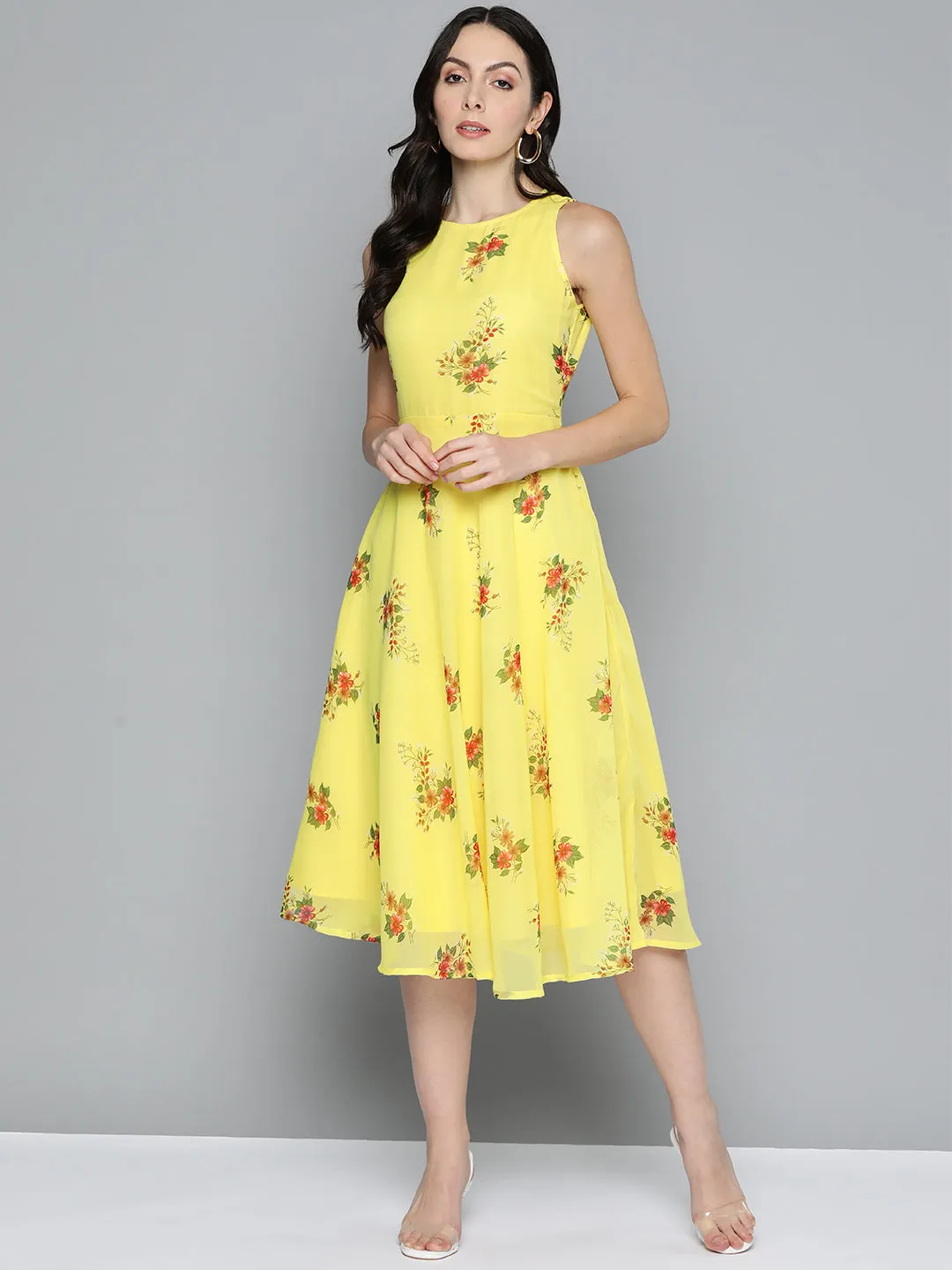 Jashvi Floral Print Georgette A-Line Midi Dress