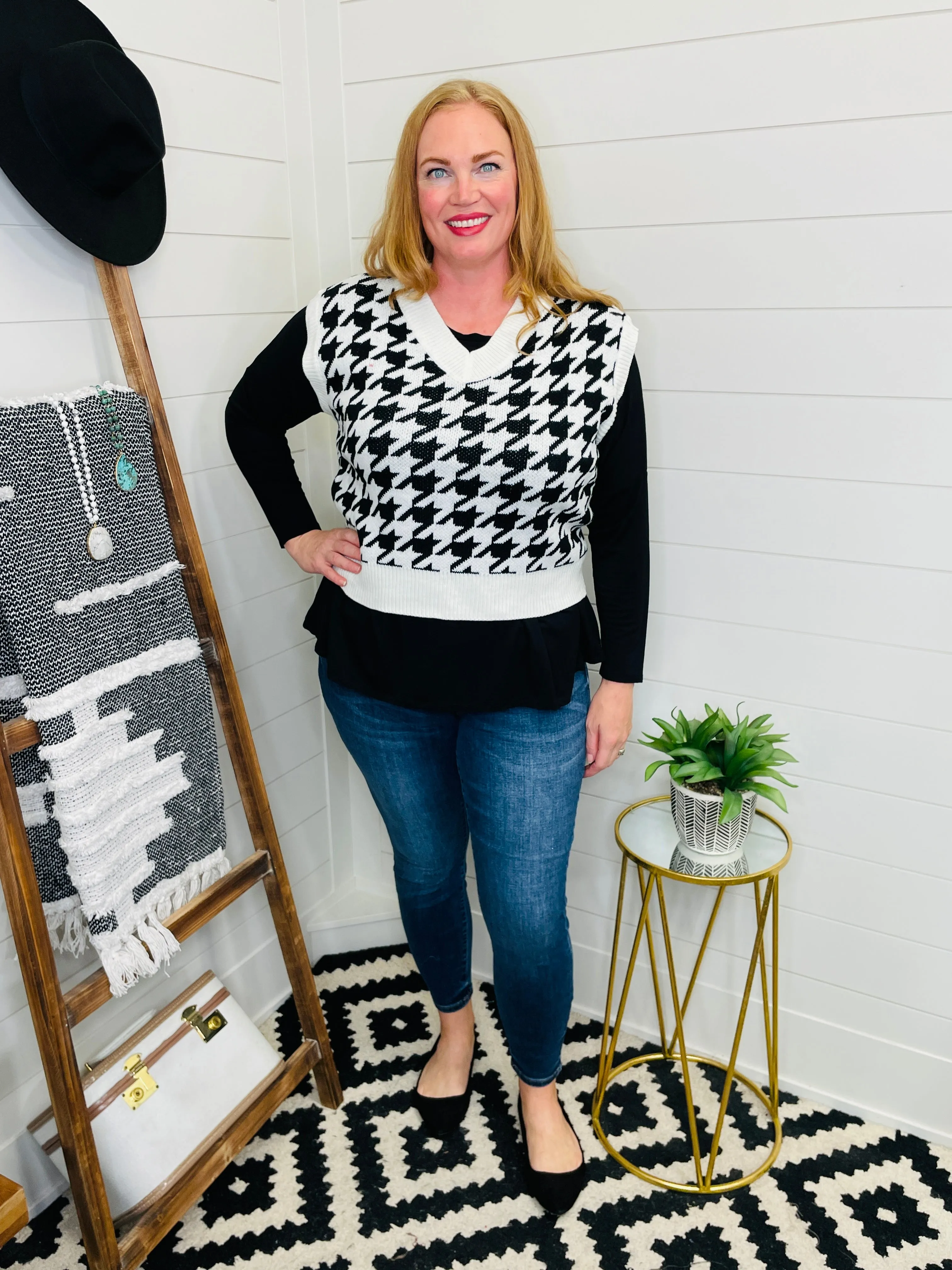 Knit Houndstooth Sweater Vest