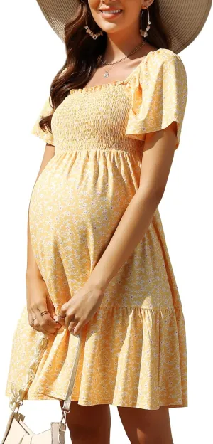 KOJOOIN Women's Maternity Square Neck Short Sleeve Summer Dress Smocked Boho Ruffle Casual Midi Dress Baby Shower Photoshoot