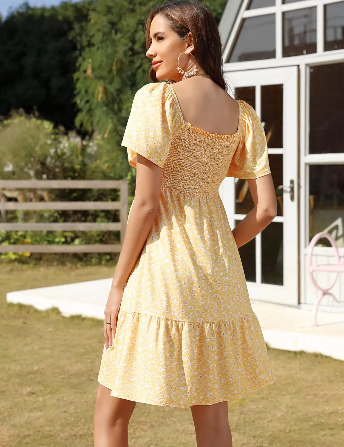KOJOOIN Women's Maternity Square Neck Short Sleeve Summer Dress Smocked Boho Ruffle Casual Midi Dress Baby Shower Photoshoot