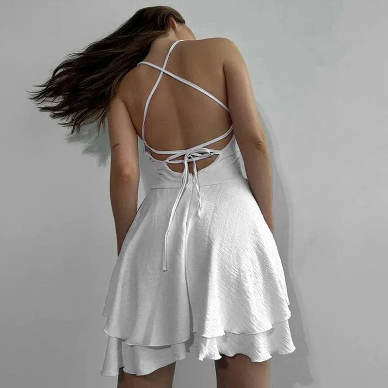 Lace Party Sexy Evening Patchwork Up Plunge Frill Solid Backless Mini Dress