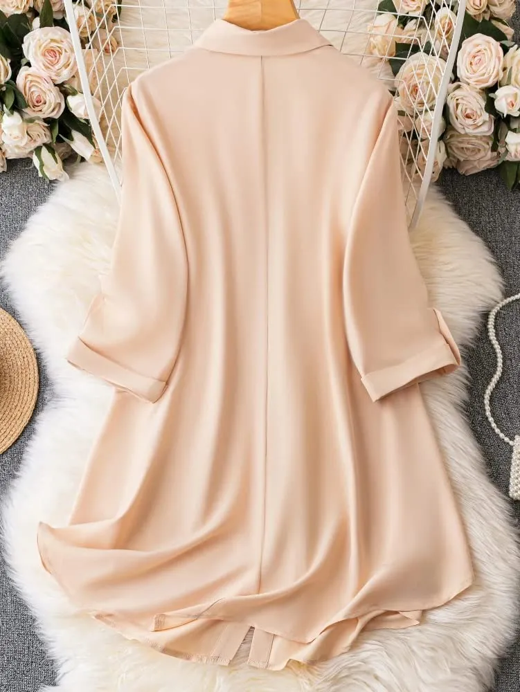 Leriya Fashion Western Dress || Rayon Solid Button Front Shirt Dress for Women || Roll Tab Sleeve & Collared Neck Flared Dress || Office || Summer Short Dresses for Women. (XXX-Large, Peach)