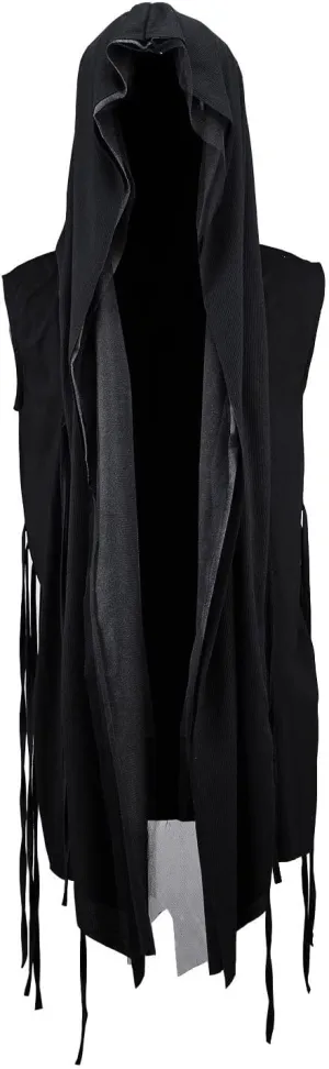 Longline Cloak Hood Mens Sleeveless Mesh Cut Off Open Vest Layering Cardigan Streetwear Black