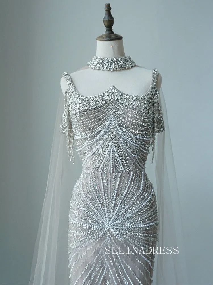 Luxurious Silver Arabic Cape Sleeves Beaded Long Formal Evening Dress ALI011