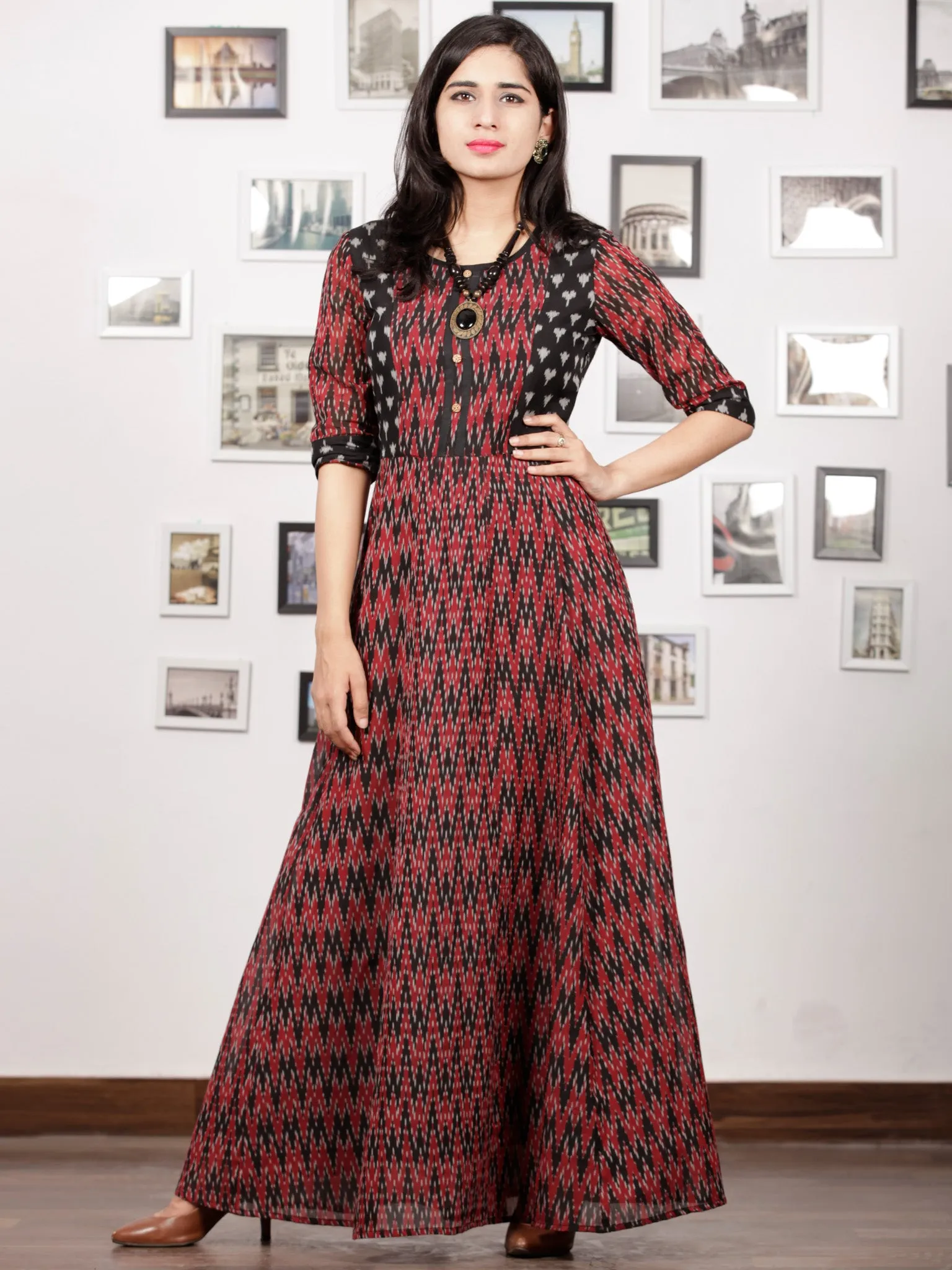 Maroon Black Handloom Mercerised Ikat Long Cotton Princess Cut Dress - D279F1415