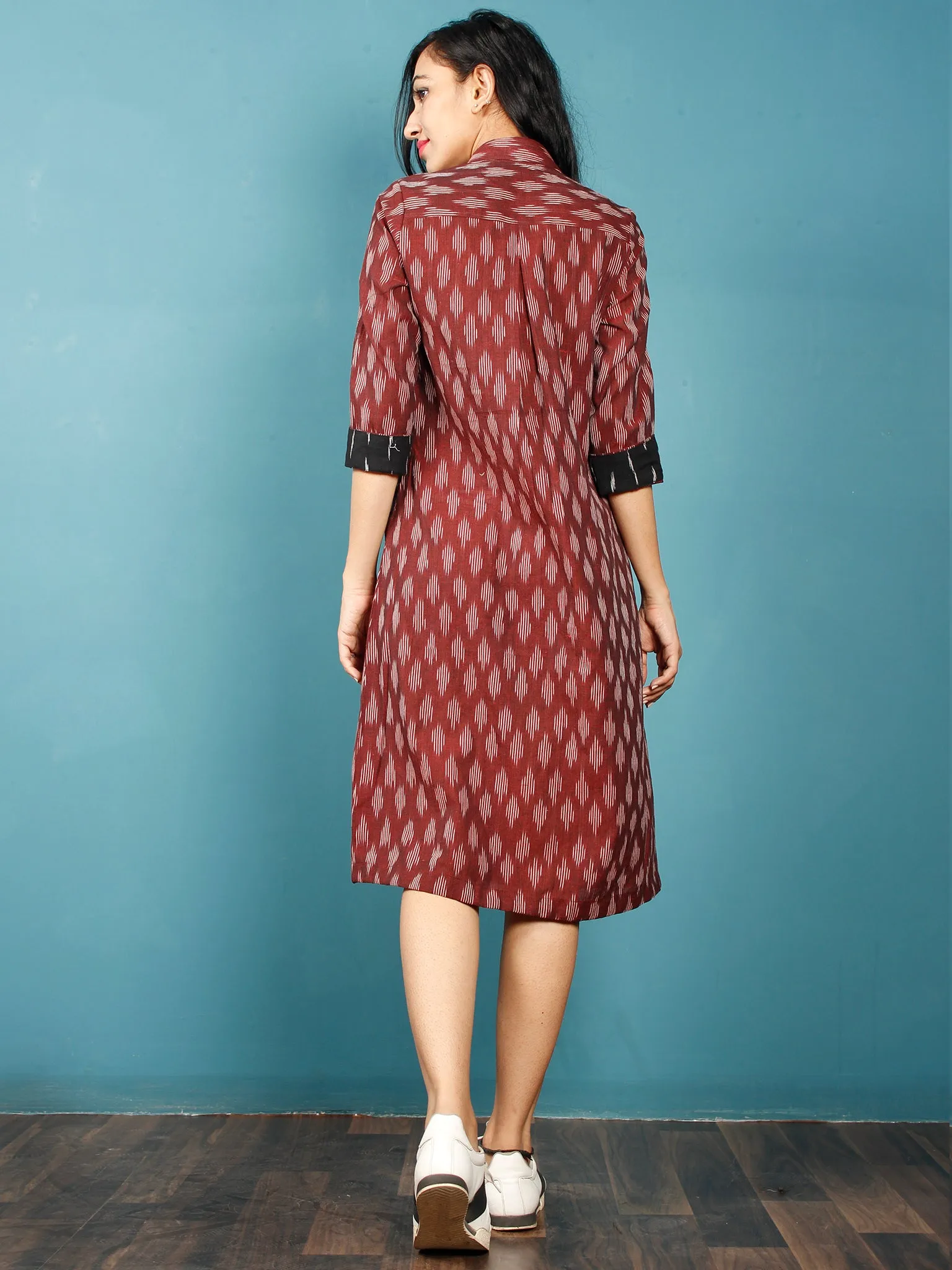 Maroon Black White Ikat Handwoven Shirt Dress With Front Pockets - D239F965