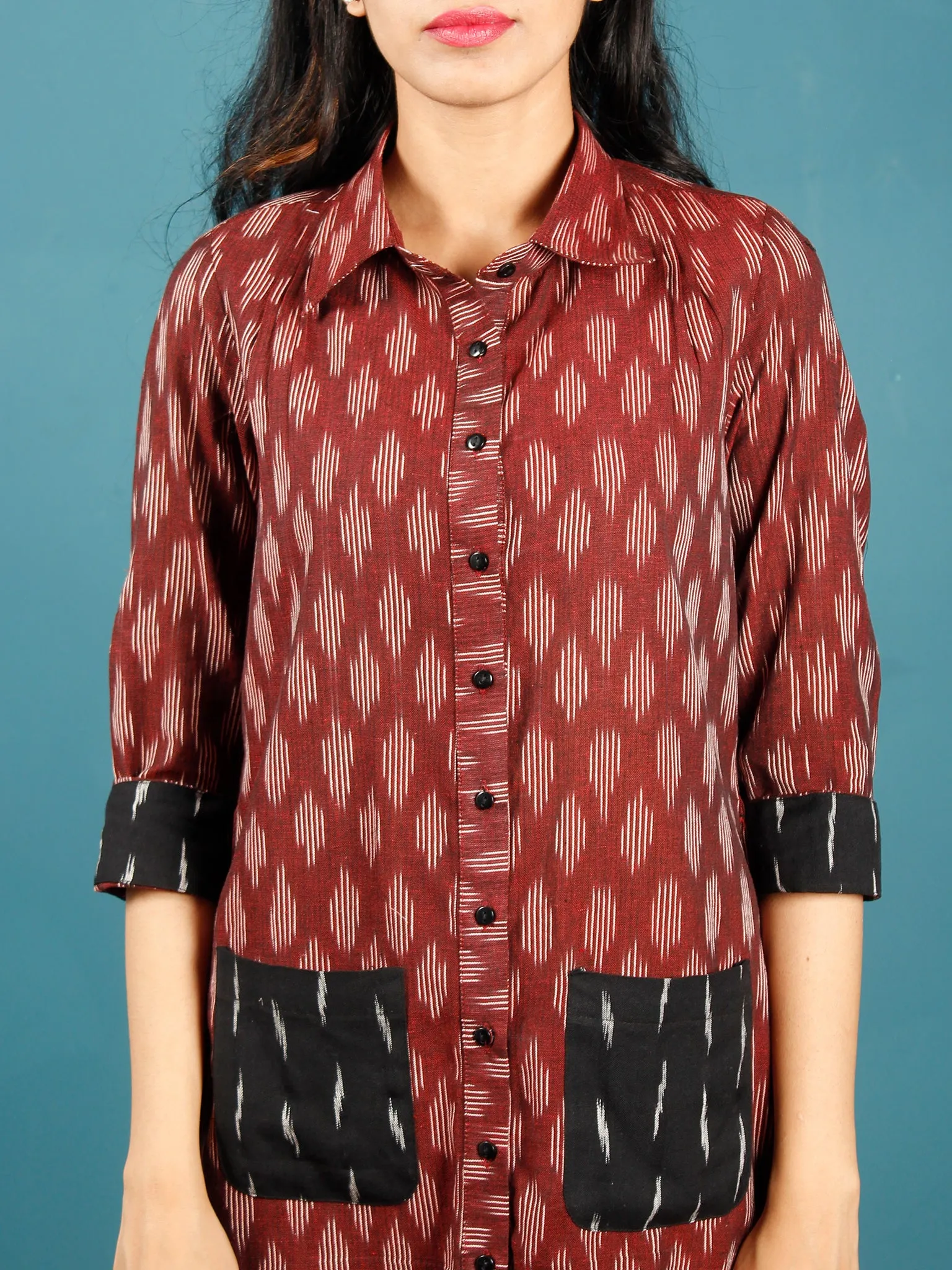 Maroon Black White Ikat Handwoven Shirt Dress With Front Pockets - D239F965