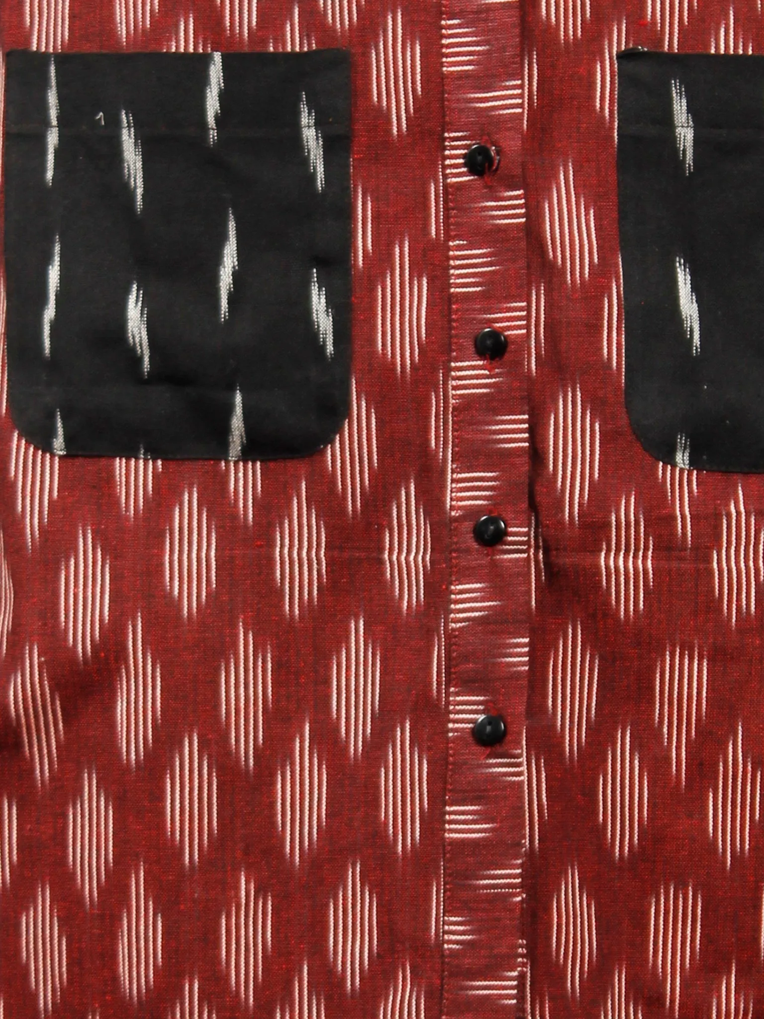 Maroon Black White Ikat Handwoven Shirt Dress With Front Pockets - D239F965