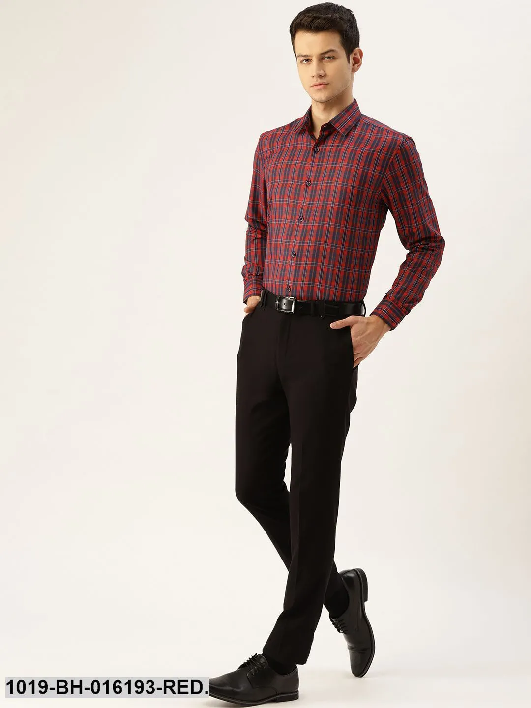 Men's Cotton Red & Navy Blue Checked Formal Shirt - Sojanya