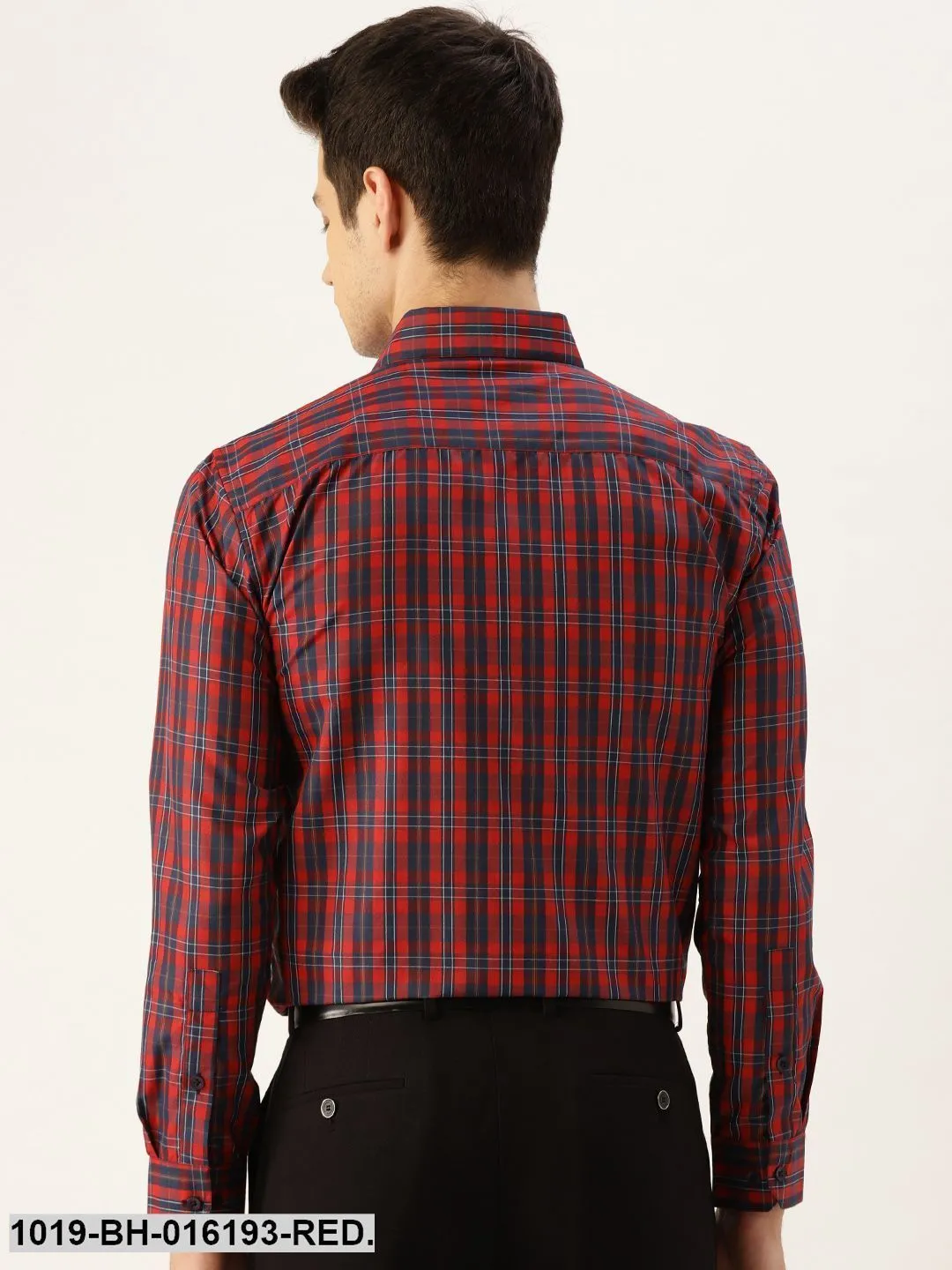 Men's Cotton Red & Navy Blue Checked Formal Shirt - Sojanya