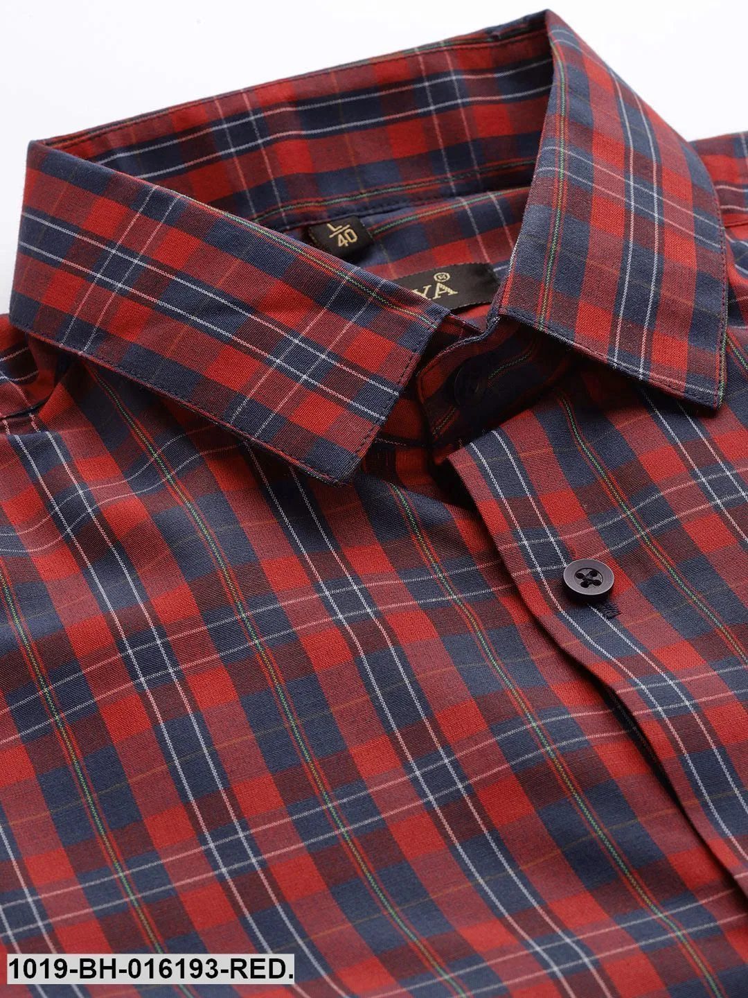 Men's Cotton Red & Navy Blue Checked Formal Shirt - Sojanya