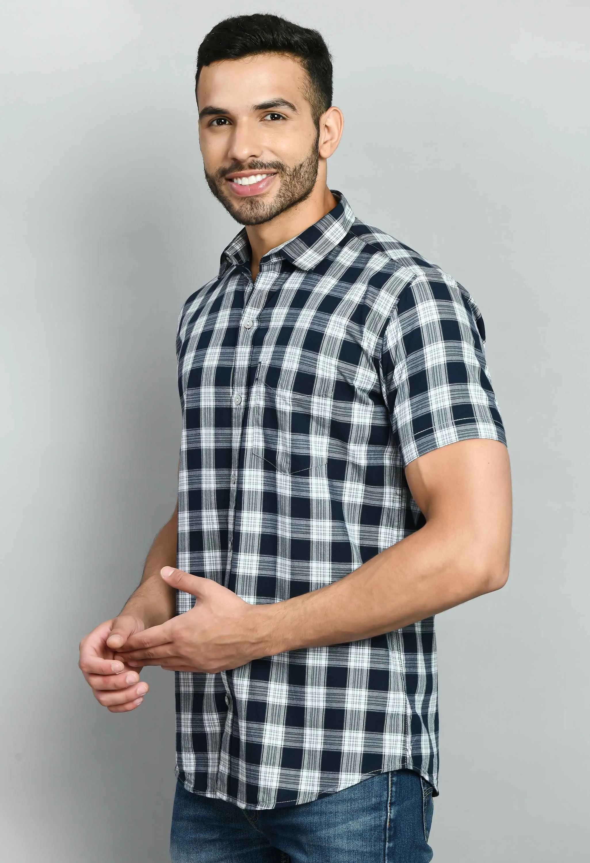 Men's White Blue Checked Shirt