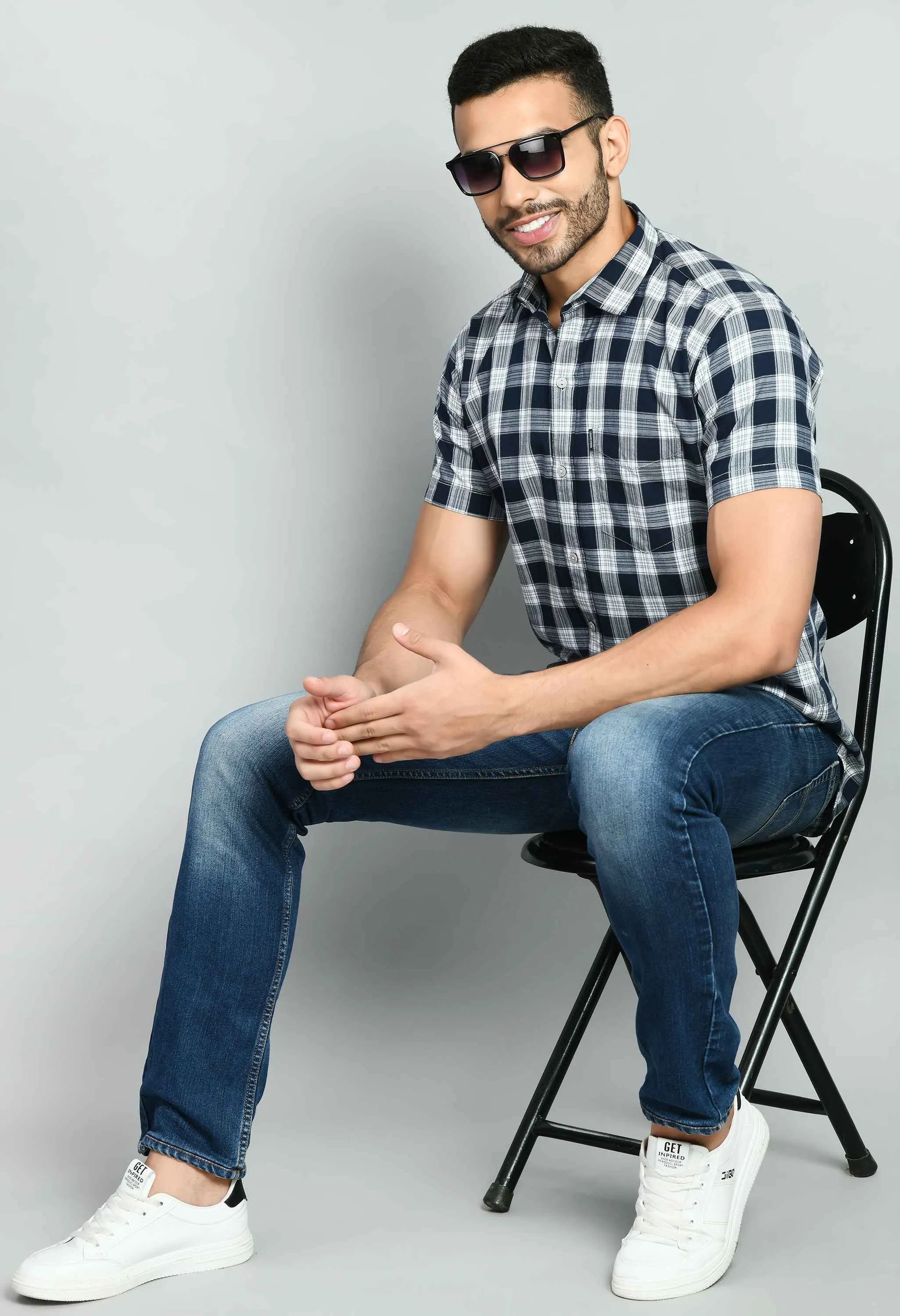 Men's White Blue Checked Shirt