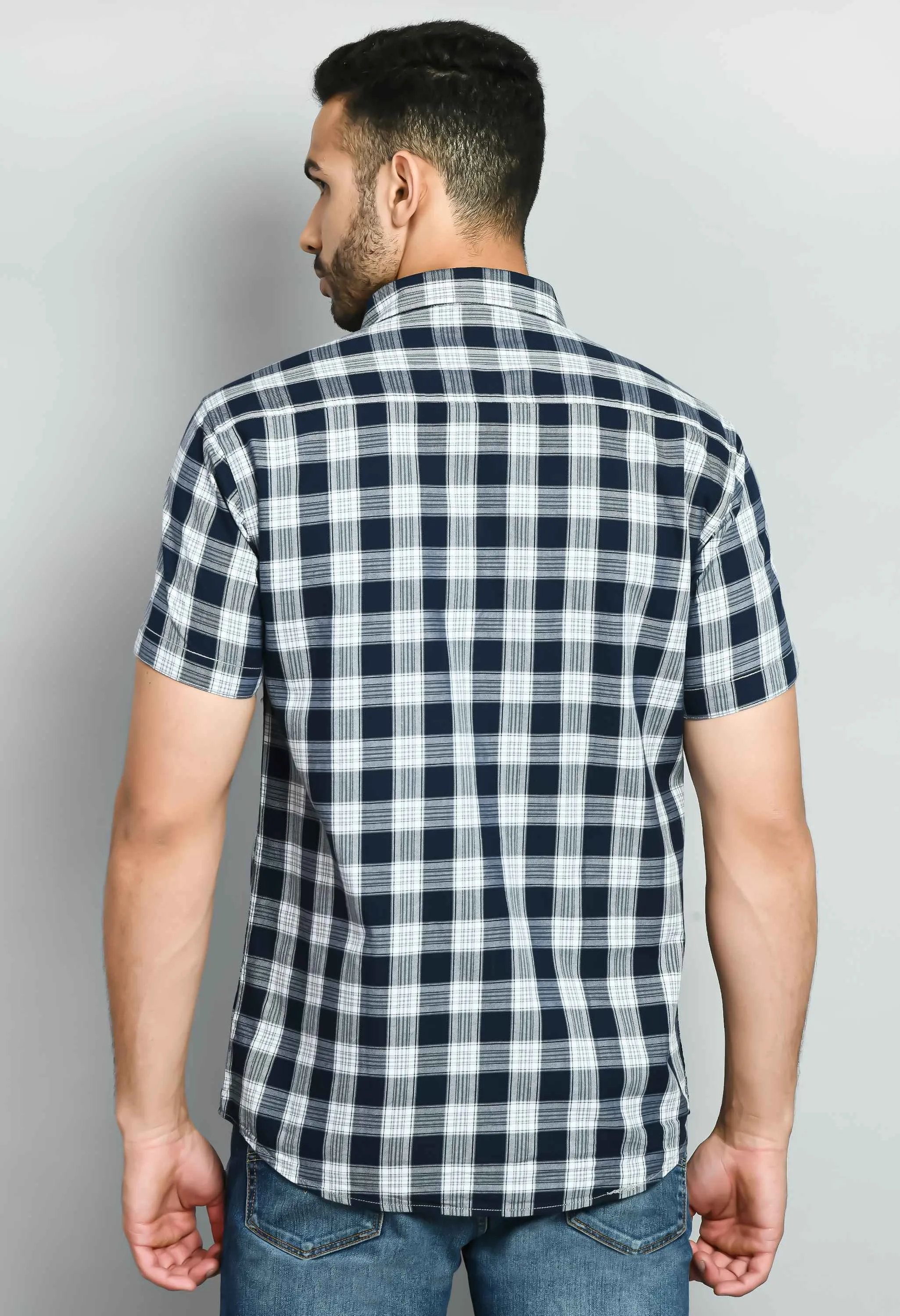 Men's White Blue Checked Shirt