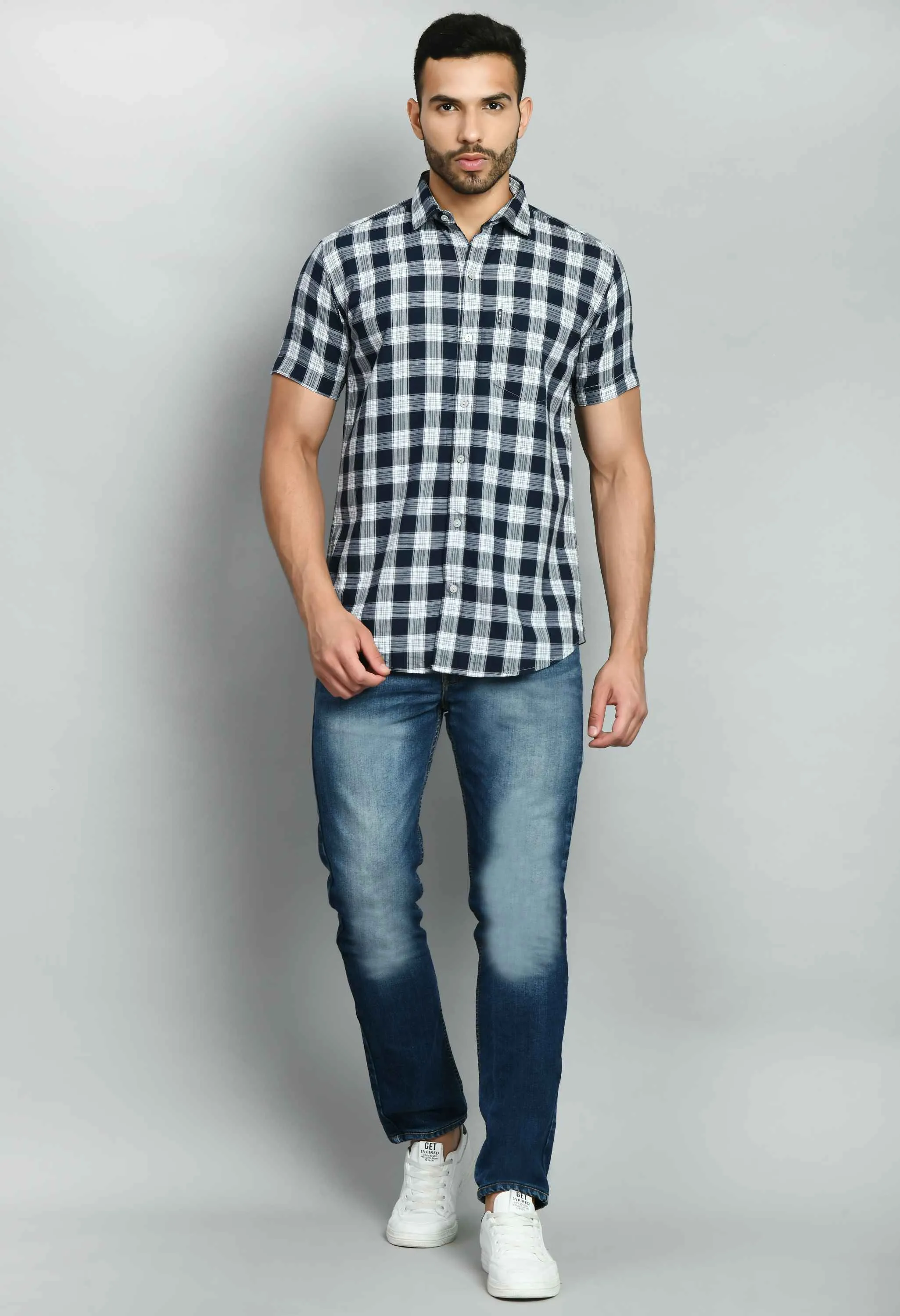 Men's White Blue Checked Shirt