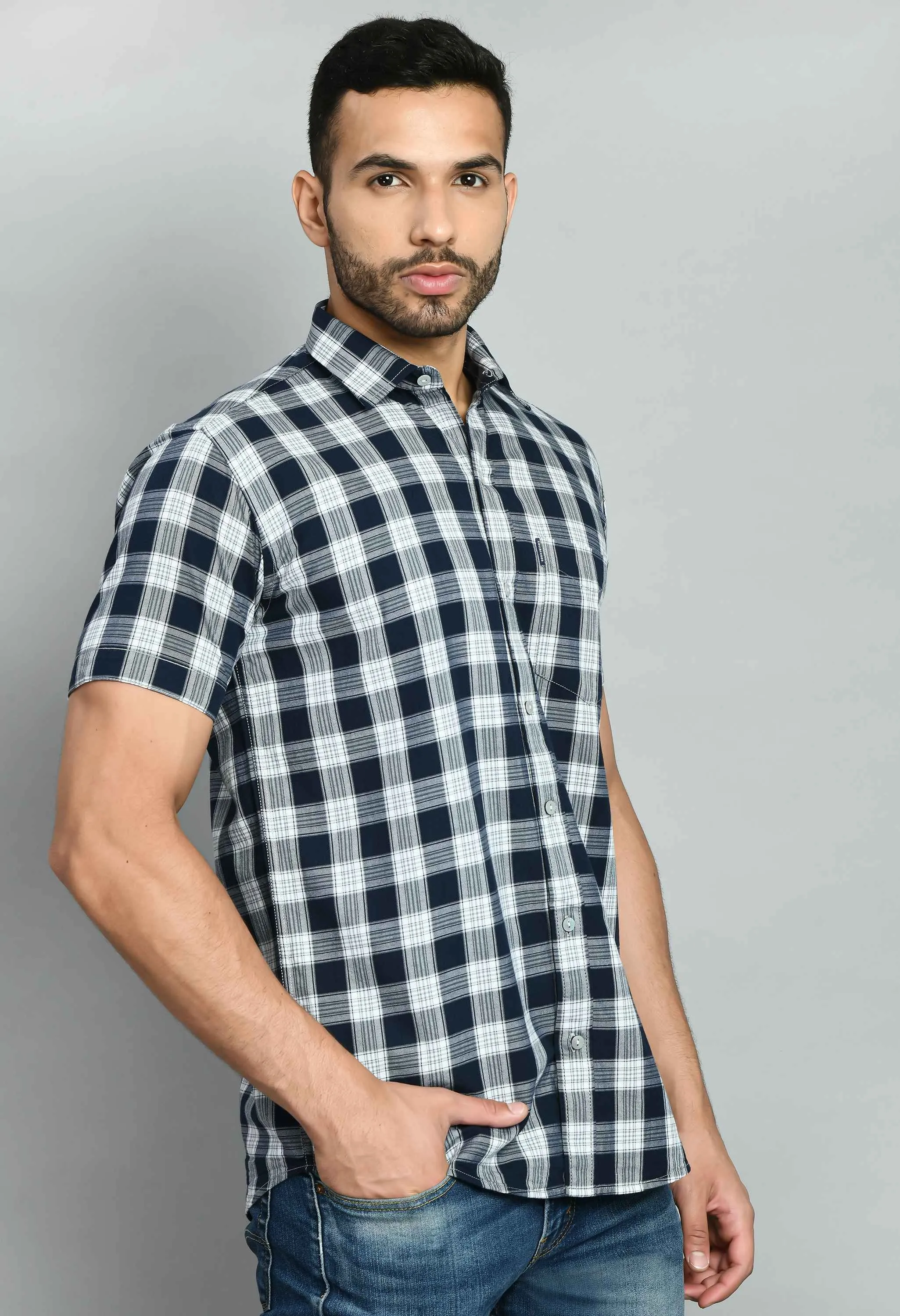 Men's White Blue Checked Shirt
