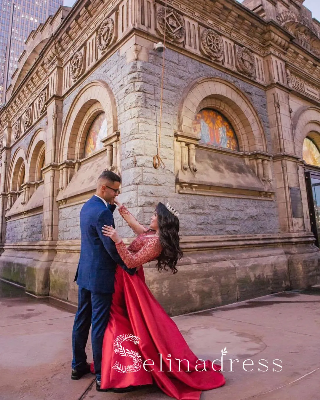 Mermaid Red Prom Dresses Long Sleeve Lace Wedding Bridal Dress Cheap Evening Gowns SED147