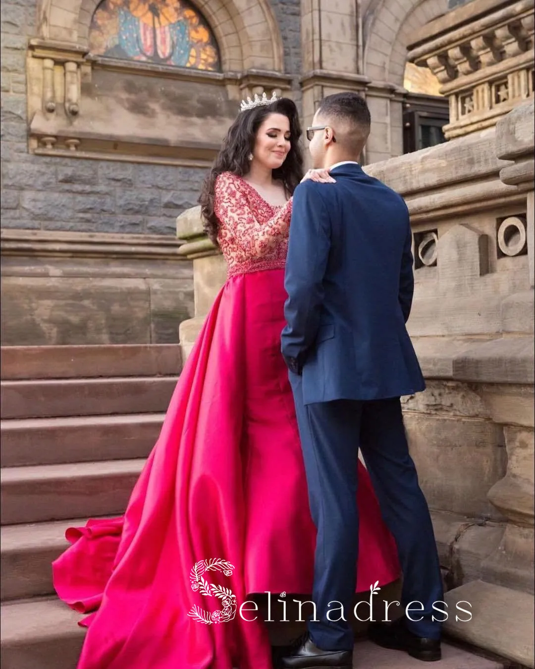 Mermaid Red Prom Dresses Long Sleeve Lace Wedding Bridal Dress Cheap Evening Gowns SED147