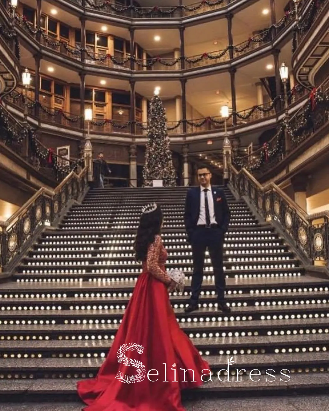 Mermaid Red Prom Dresses Long Sleeve Lace Wedding Bridal Dress Cheap Evening Gowns SED147