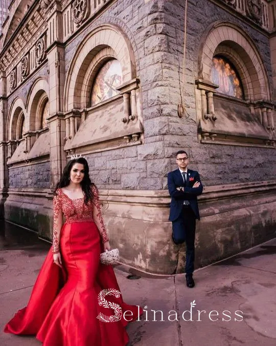 Mermaid Red Prom Dresses Long Sleeve Lace Wedding Bridal Dress Cheap Evening Gowns SED147