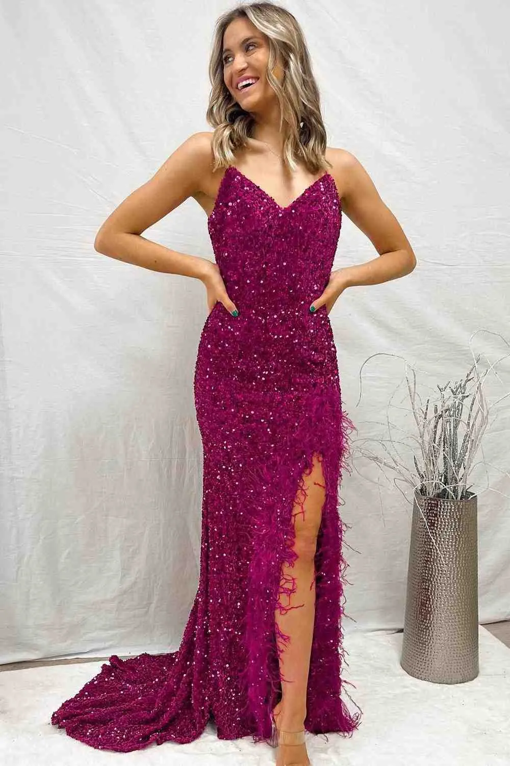Mermaid Sequins Lace-Up Back Slit Long Prom Dress with Feathers Formal Gowns #POL118