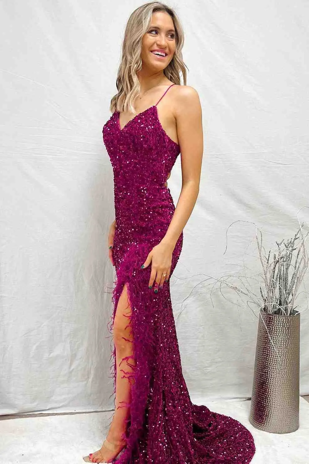 Mermaid Sequins Lace-Up Back Slit Long Prom Dress with Feathers Formal Gowns #POL118