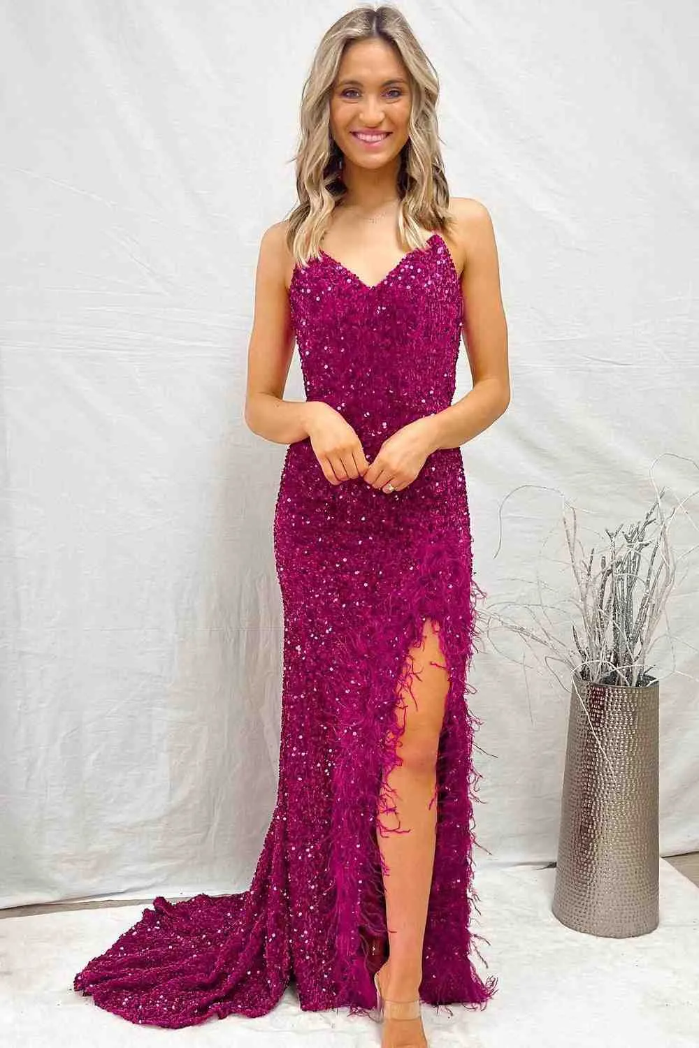 Mermaid Sequins Lace-Up Back Slit Long Prom Dress with Feathers Formal Gowns #POL118