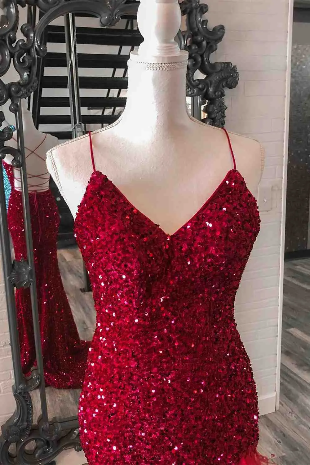 Mermaid Sequins Lace-Up Back Slit Long Prom Dress with Feathers Formal Gowns #POL118