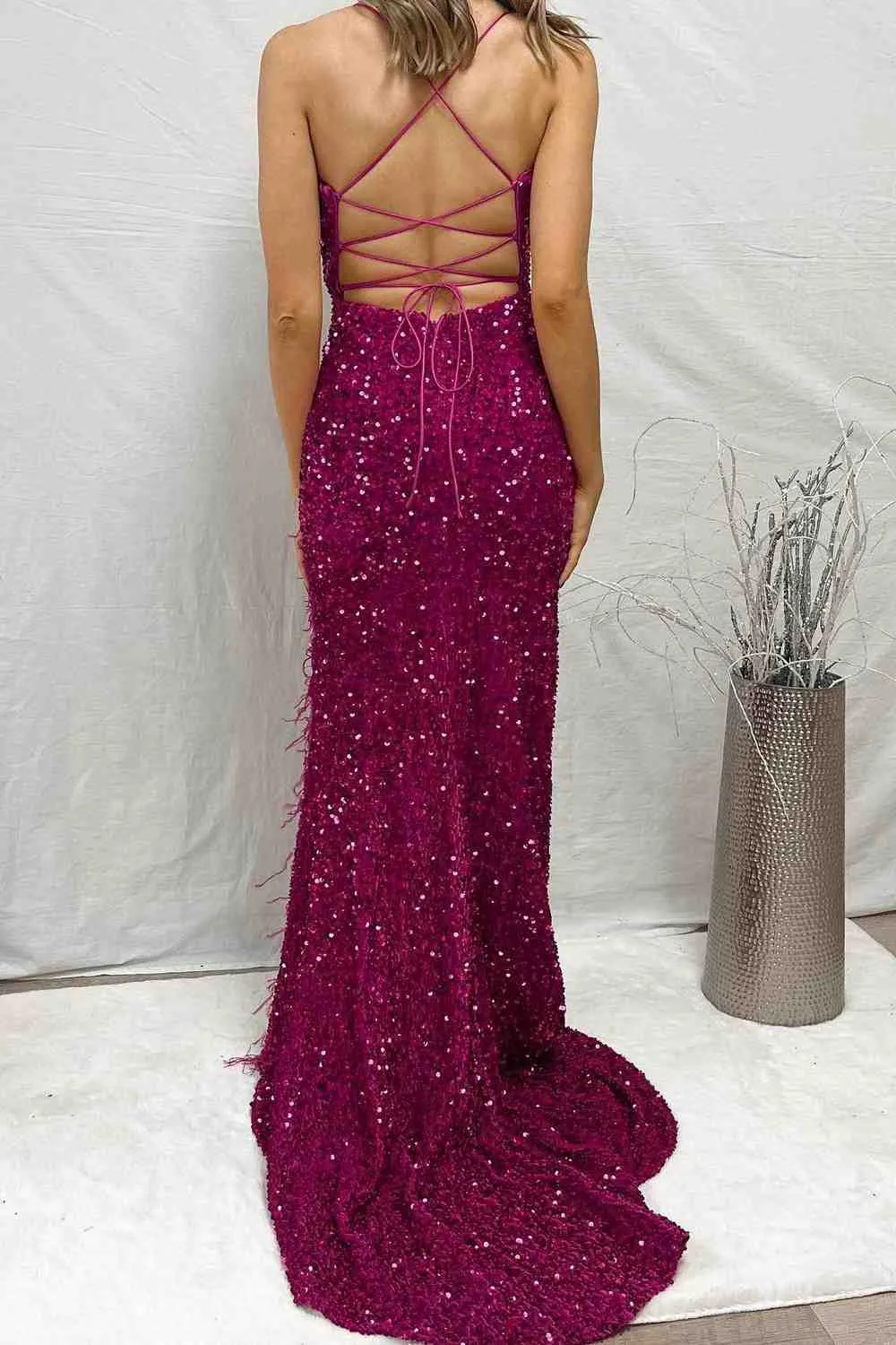 Mermaid Sequins Lace-Up Back Slit Long Prom Dress with Feathers Formal Gowns #POL118