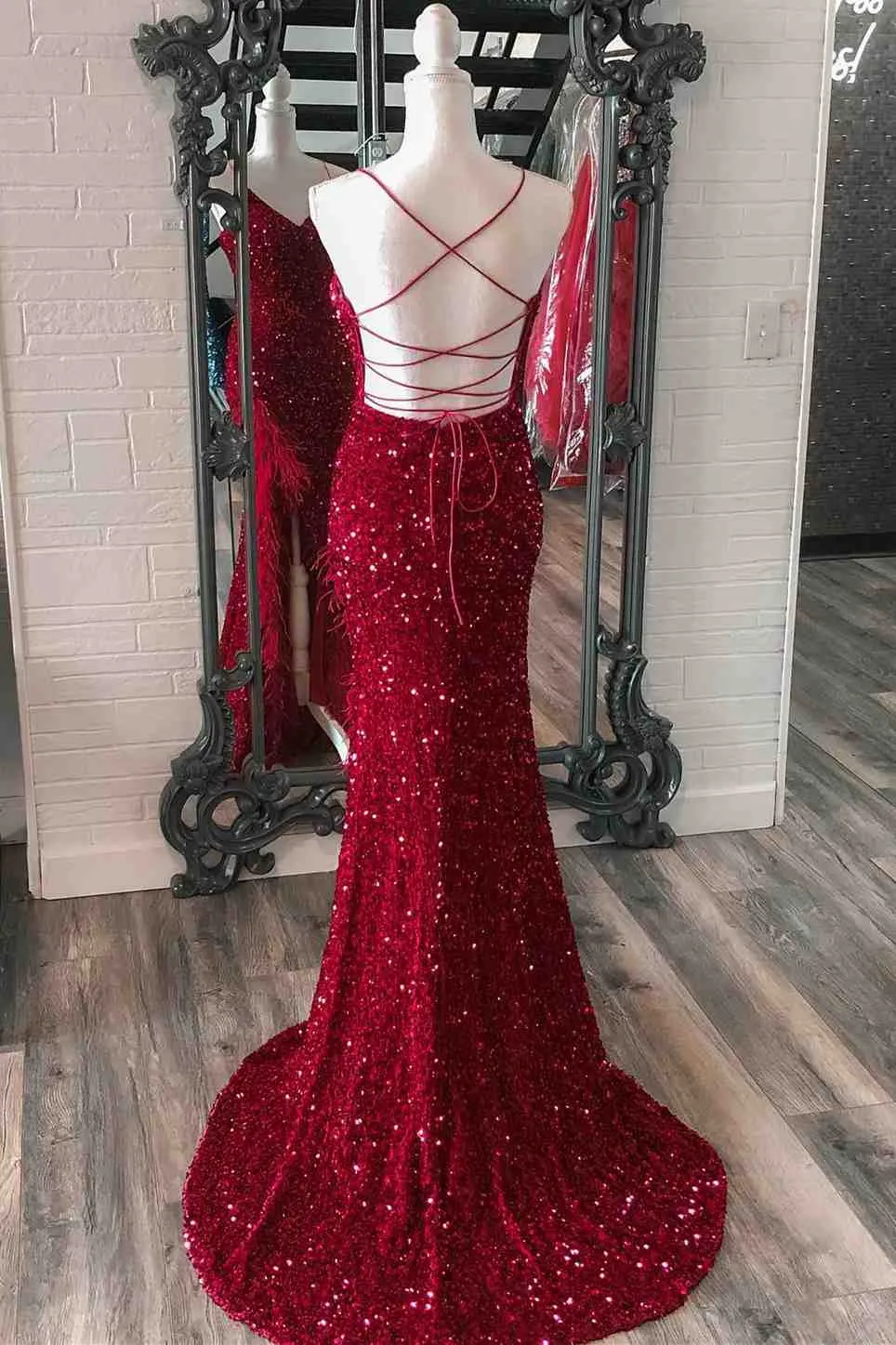 Mermaid Sequins Lace-Up Back Slit Long Prom Dress with Feathers Formal Gowns #POL118