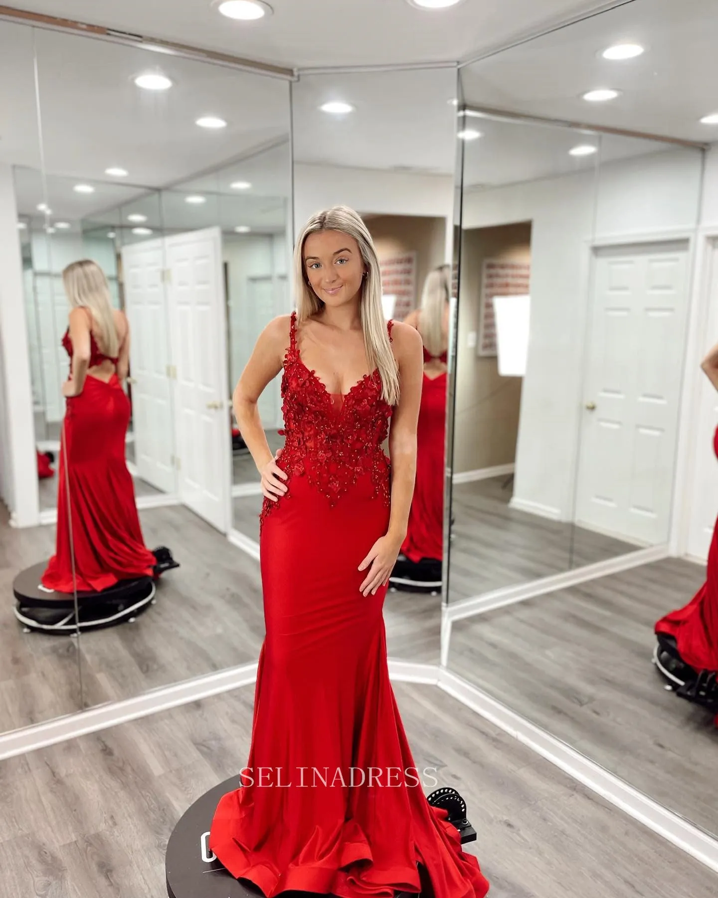 Mermaid Spaghetti Straps Red Prom Dress Beaded Red Formal Dresses Evening Dress KPY005