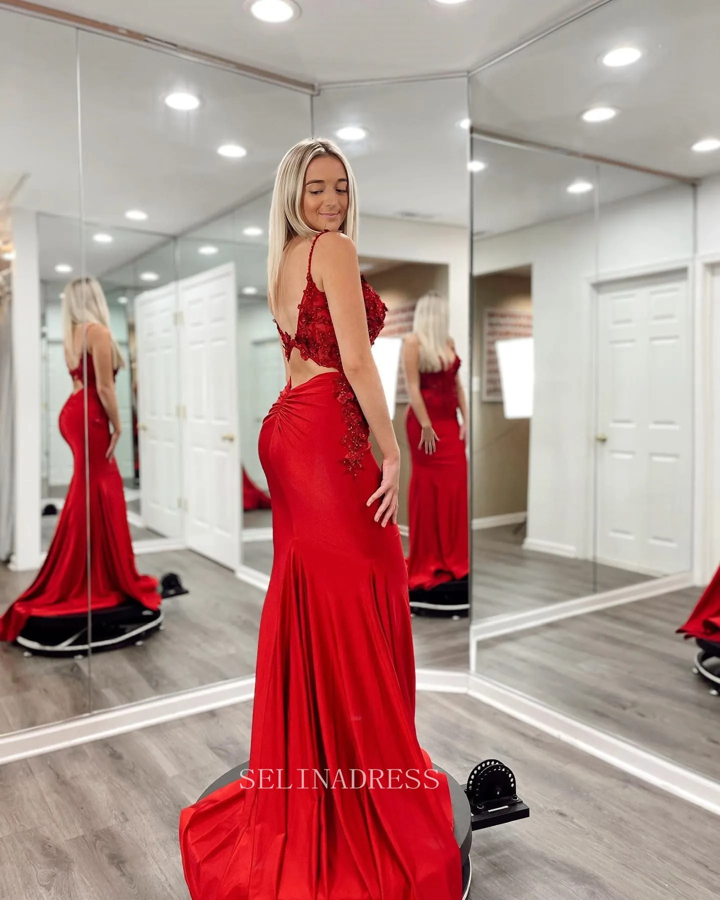 Mermaid Spaghetti Straps Red Prom Dress Beaded Red Formal Dresses Evening Dress KPY005
