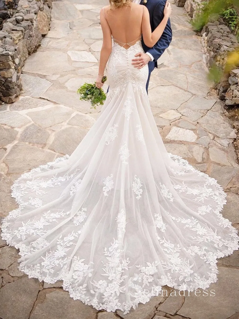 Mermaid Spaghetti Straps Rustic Wedding Dresses Backless Wedding Gowns CBD034